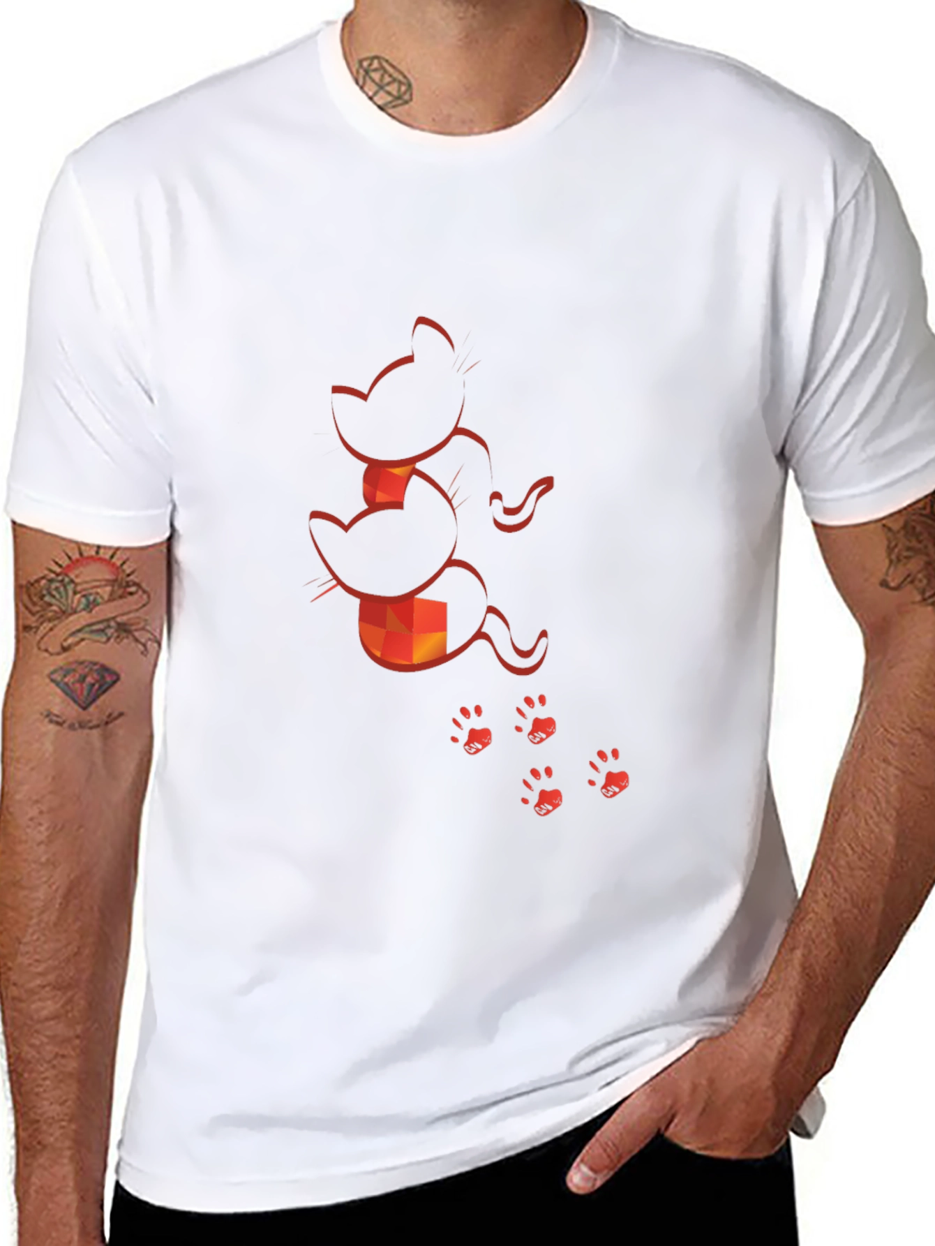 Camiseta Negra con Diseño de Gatos Naranja