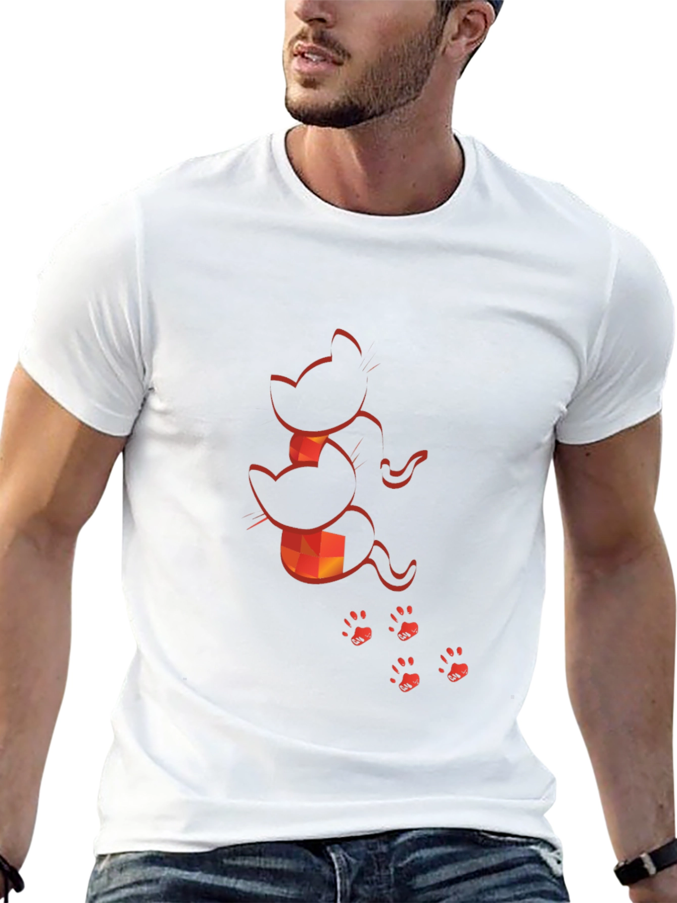 Camiseta Negra con Diseño de Gatos Naranja