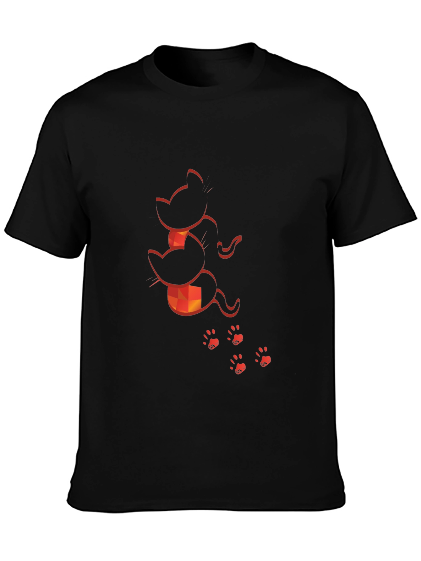 Camiseta Negra con Diseño de Gatos Naranja