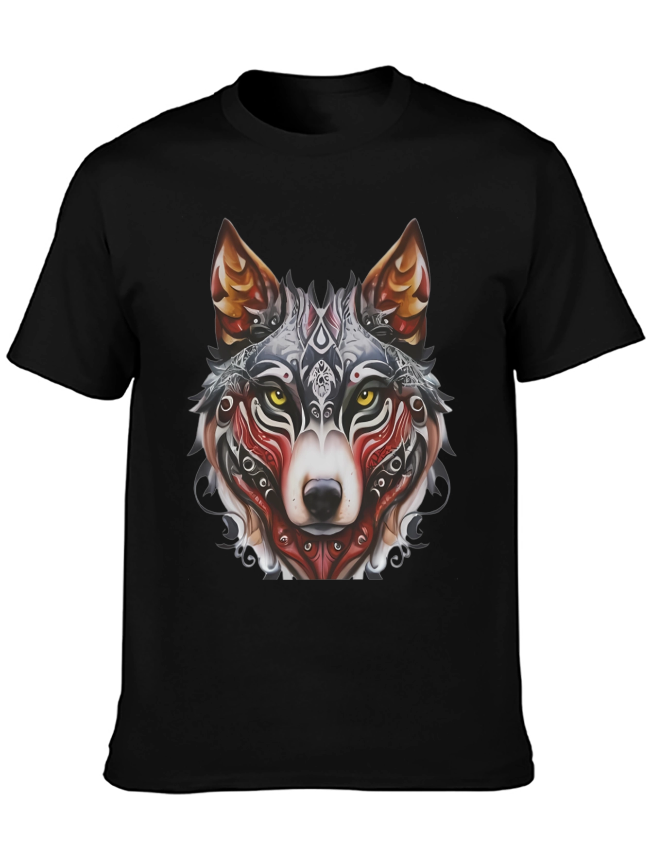 Camiseta Negra Hombre Diseño Lobo Tribal