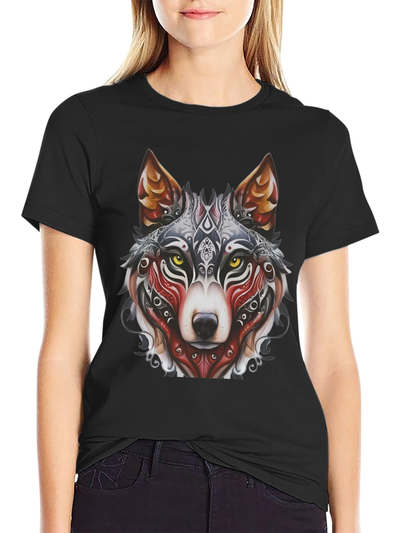 Camiseta Negra Hombre Diseño Lobo Tribal
