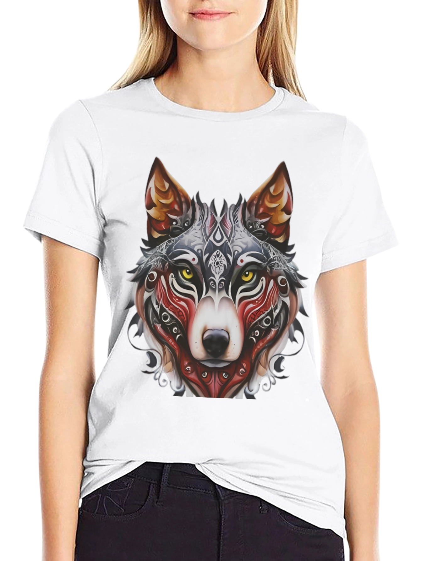 Camiseta Negra Hombre Diseño Lobo Tribal