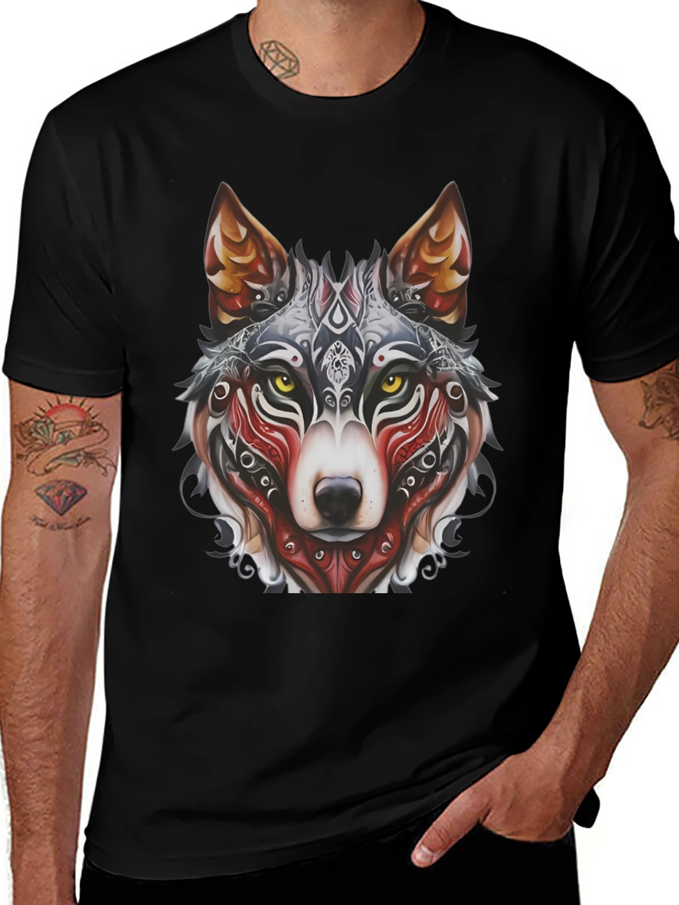 Camiseta Negra Hombre Diseño Lobo Tribal