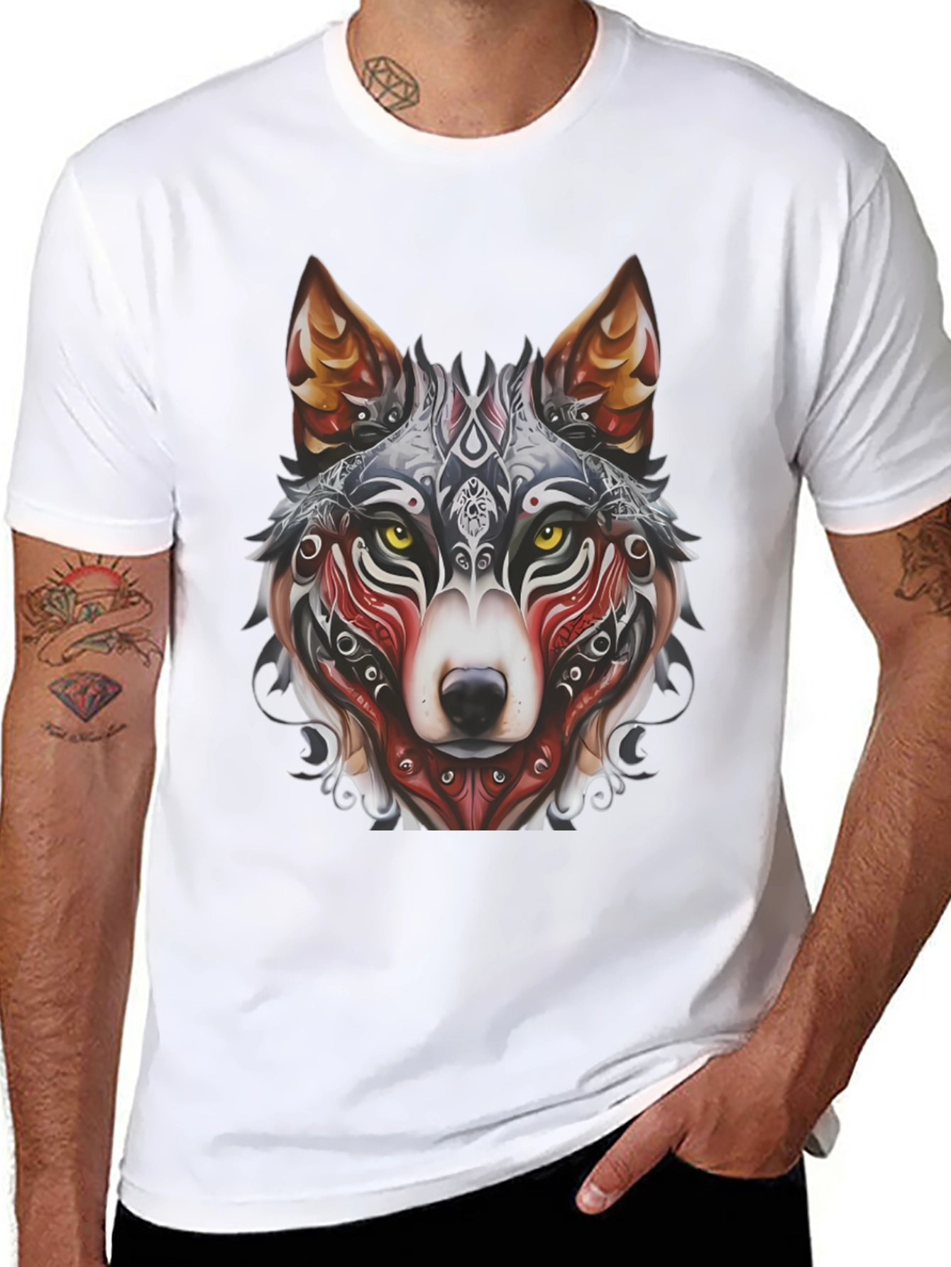 Camiseta Negra Hombre Diseño Lobo Tribal