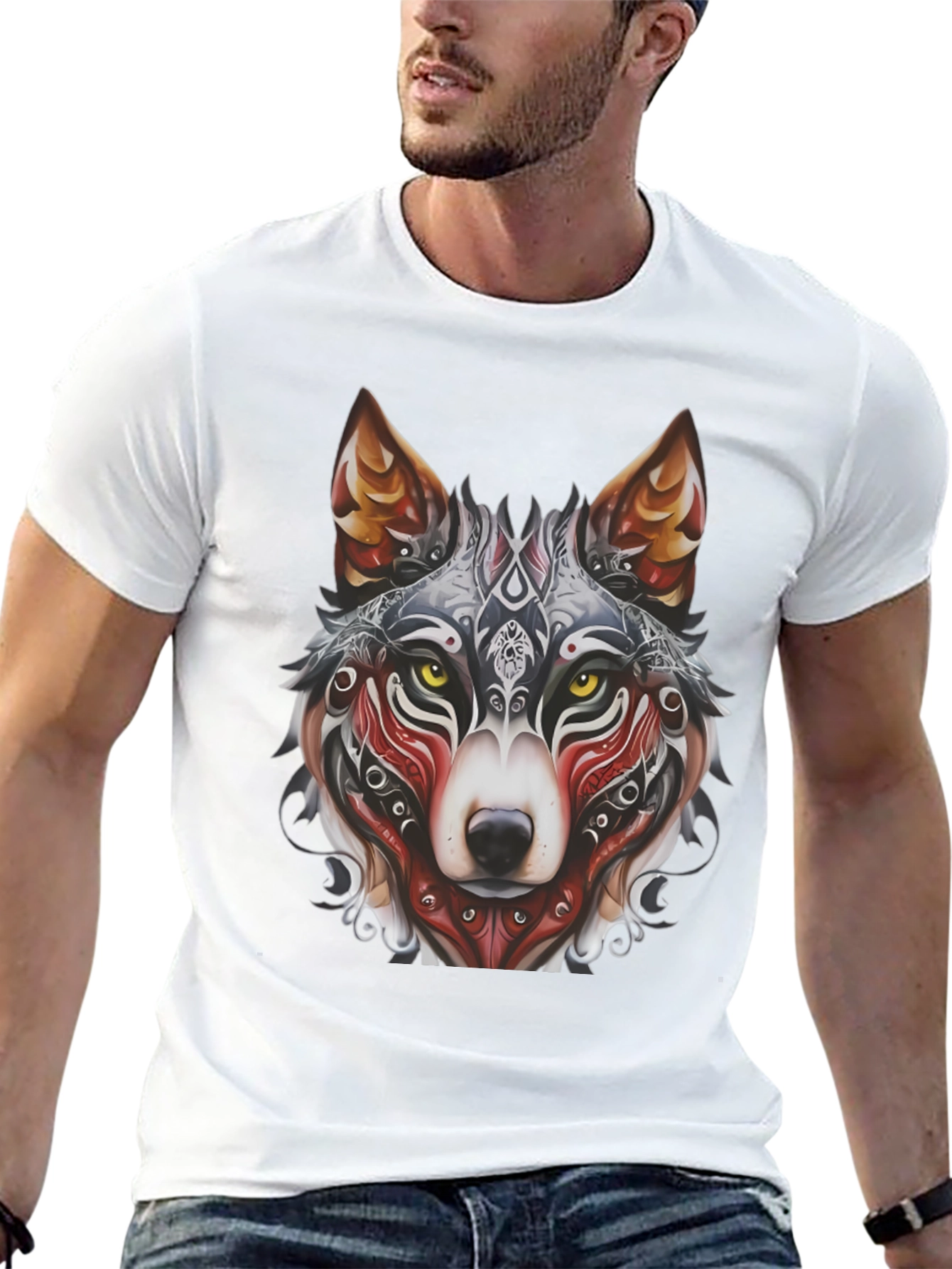 Camiseta Negra Hombre Diseño Lobo Tribal