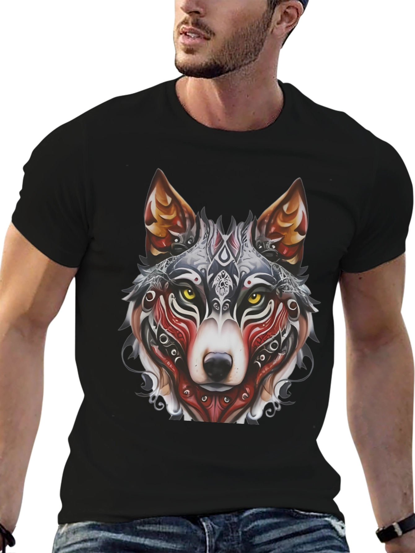Camiseta Negra Hombre Diseño Lobo Tribal