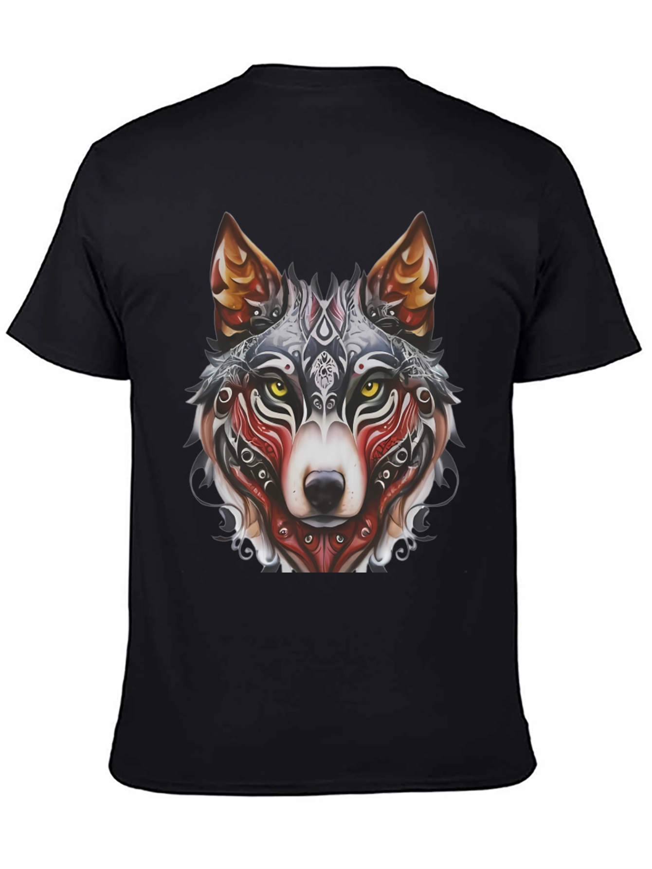 Camiseta Negra Hombre Diseño Lobo Tribal