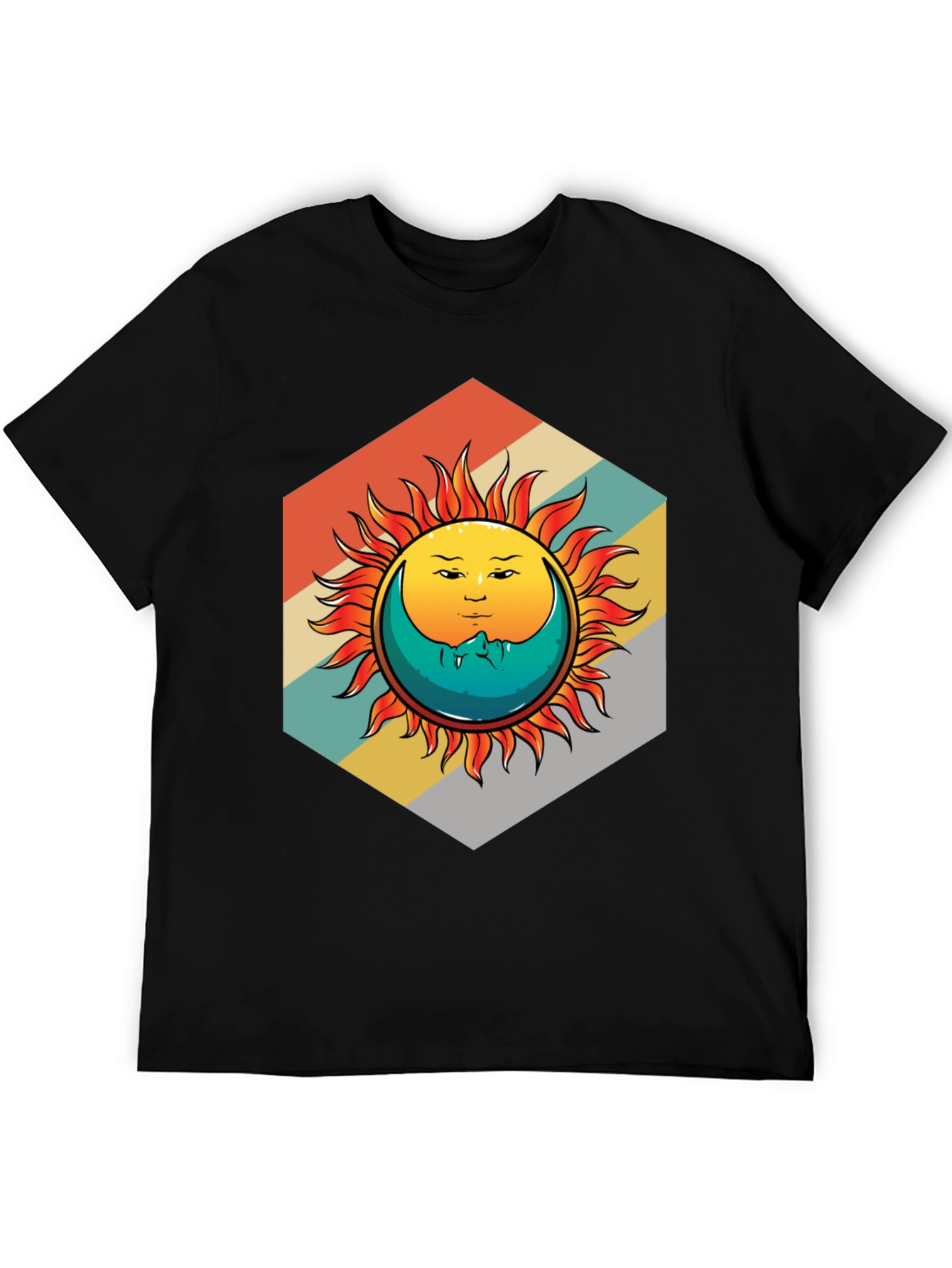 Camiseta Negra con Diseño Sol y Luna Retro