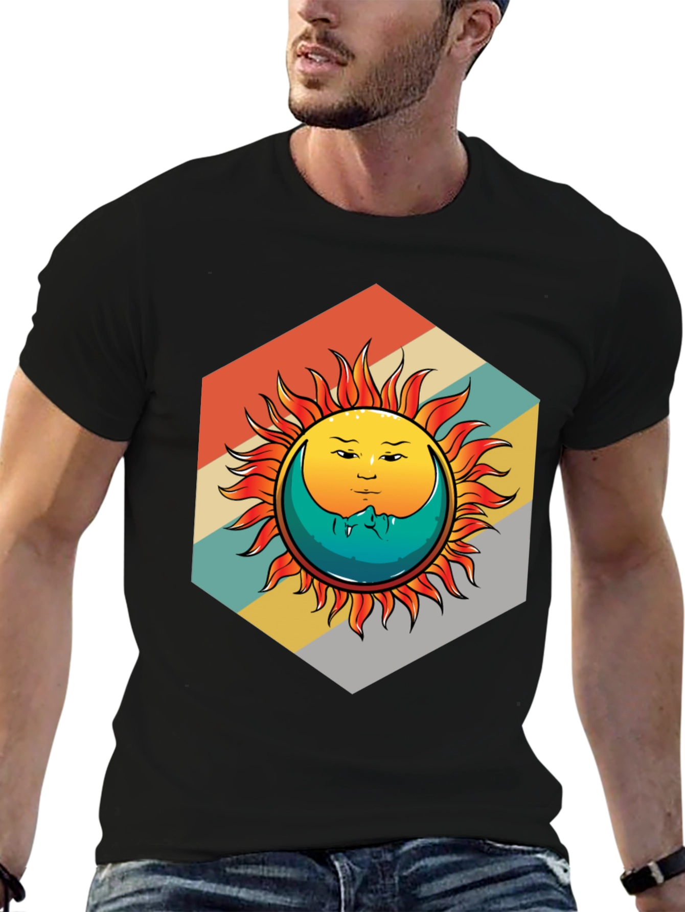 Camiseta Negra con Diseño Sol y Luna Retro