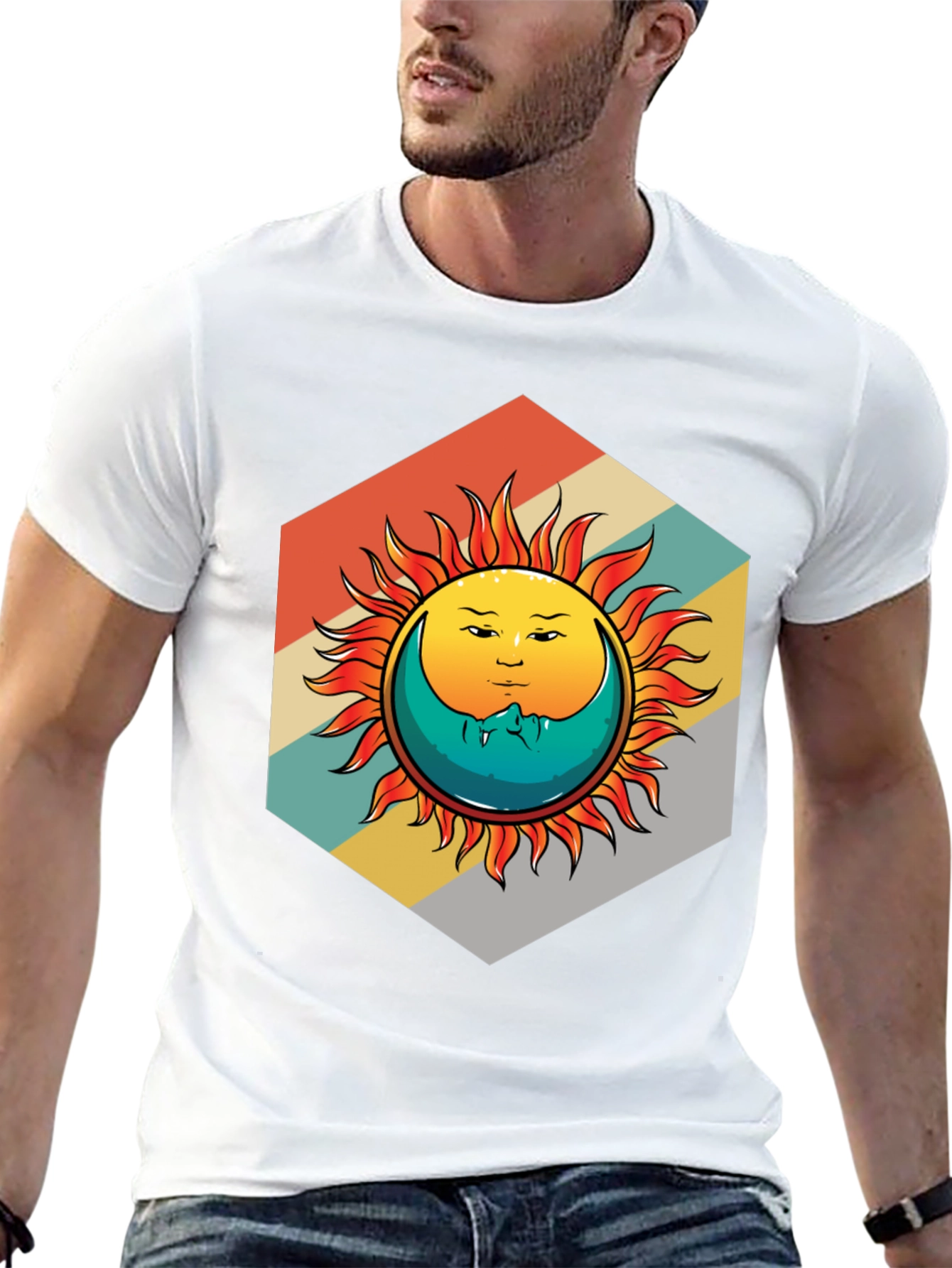 Camiseta Negra con Diseño Sol y Luna Retro