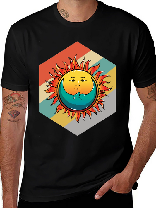 Camiseta Negra con Diseño Sol y Luna Retro