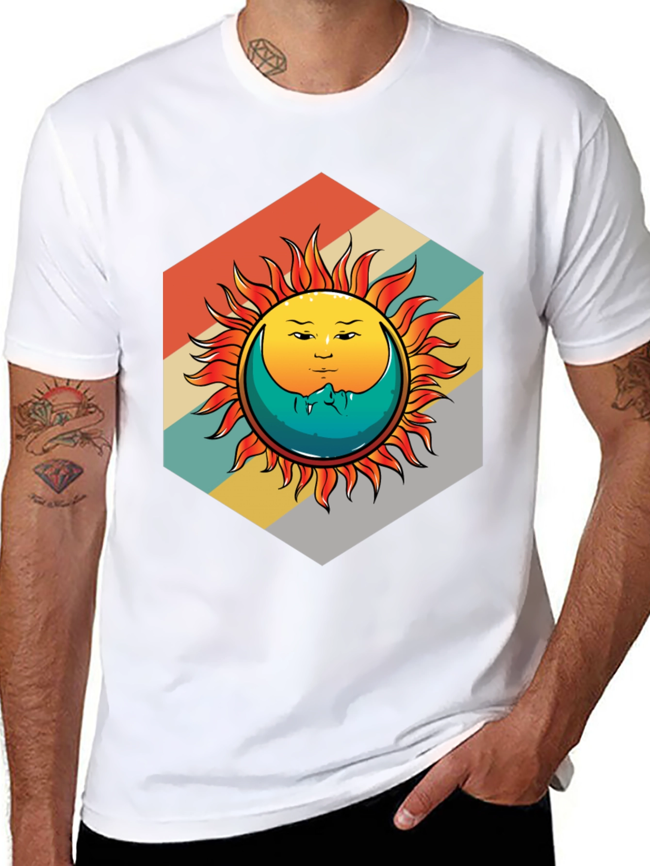 Camiseta Negra con Diseño Sol y Luna Retro