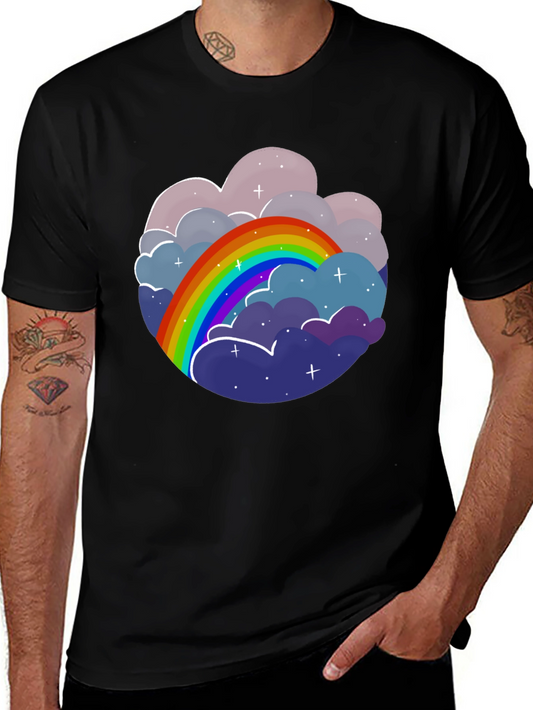 Camiseta Negra con Diseño de Arcoíris y Nubes