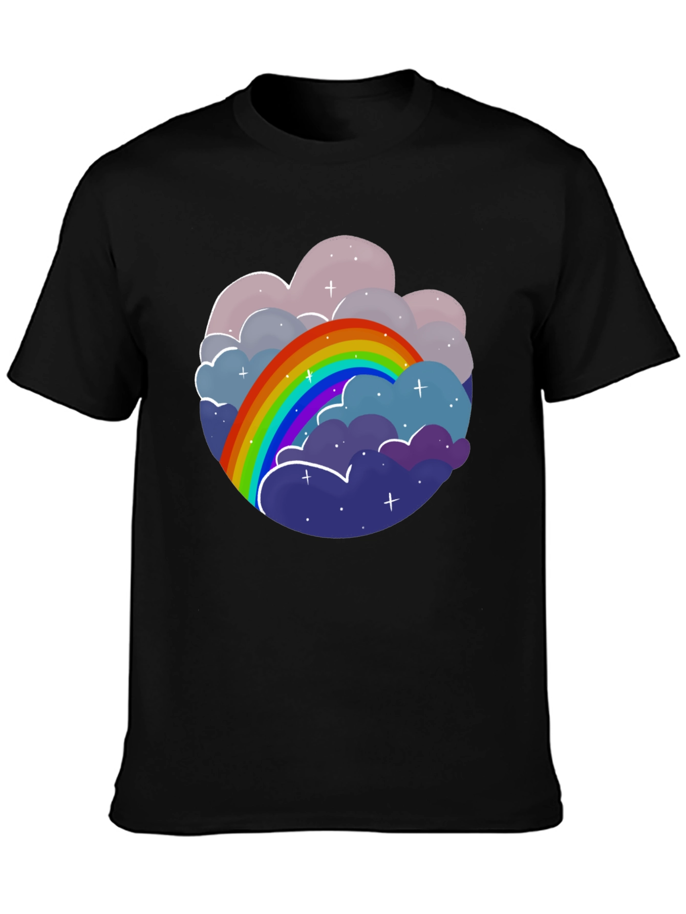 Camiseta Negra con Diseño de Arcoíris y Nubes