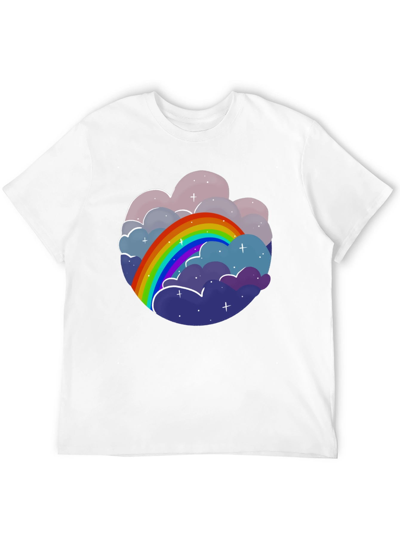 Camiseta Negra con Diseño de Arcoíris y Nubes