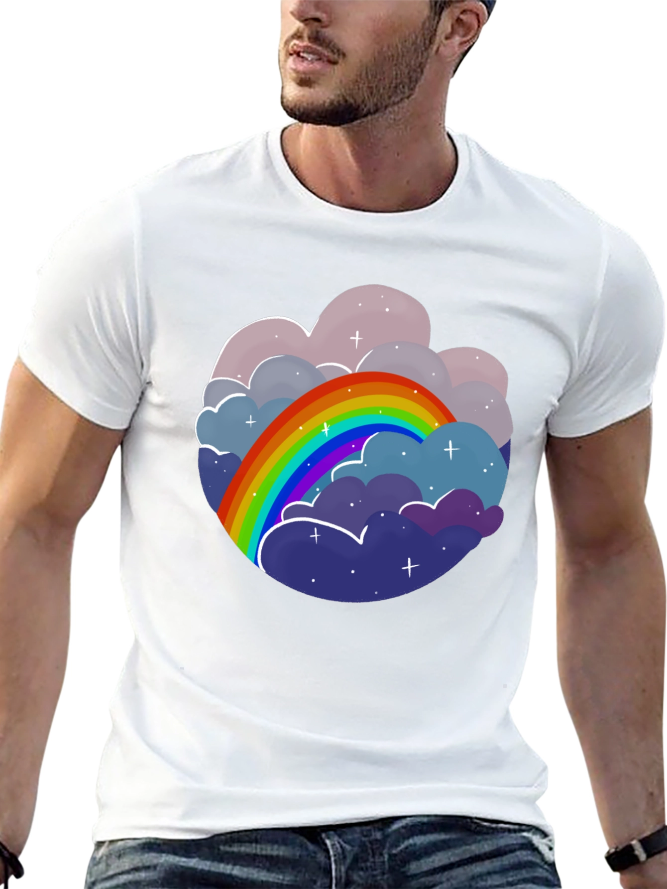 Camiseta Negra con Diseño de Arcoíris y Nubes