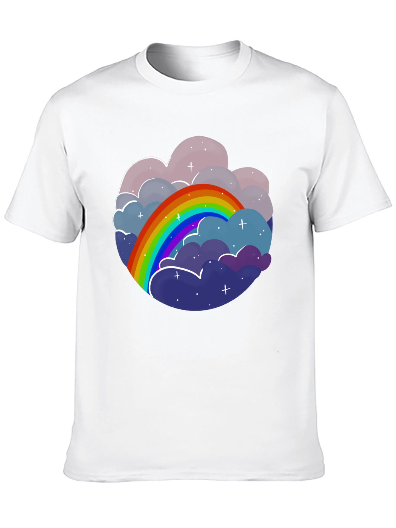 Camiseta Negra con Diseño de Arcoíris y Nubes
