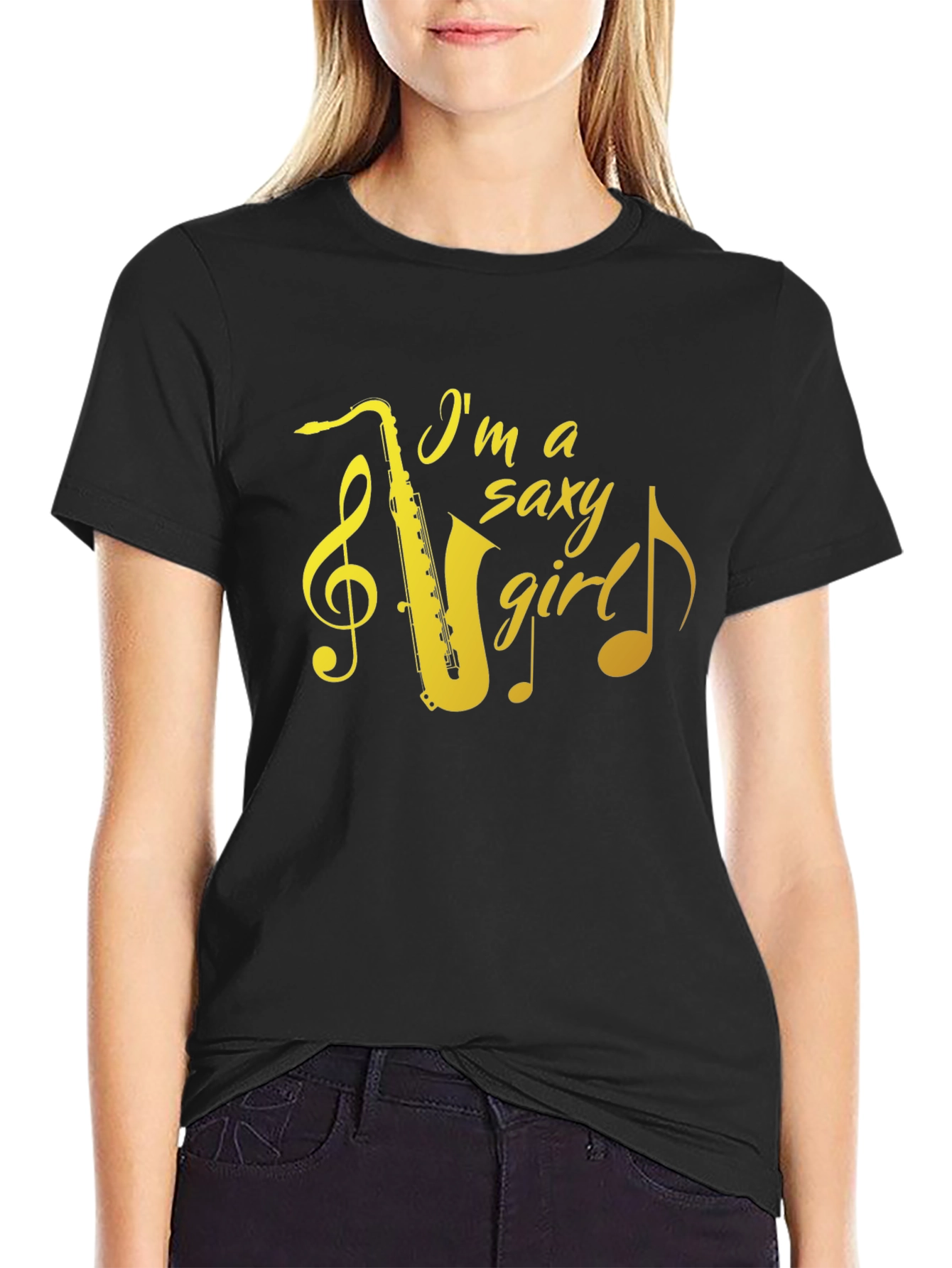 Camiseta Negra Saxy Girl con Saxofón