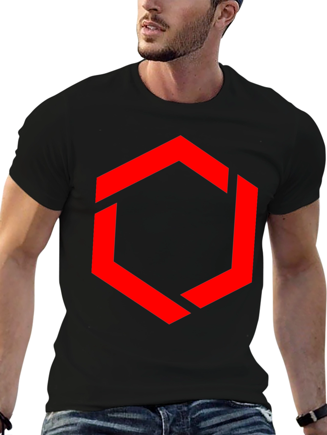 Camiseta Negra Hombre - Diseño Hexágono Rojo
