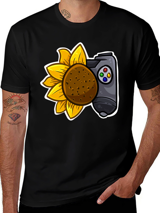 Camiseta Negra con Girasol y Mando de Videojuegos