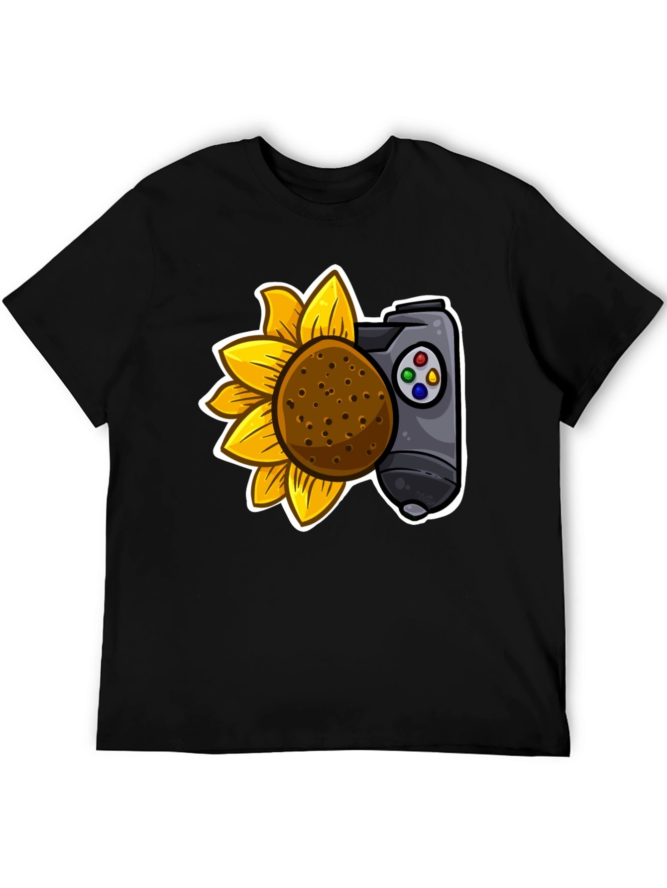 Camiseta Negra con Girasol y Mando de Videojuegos