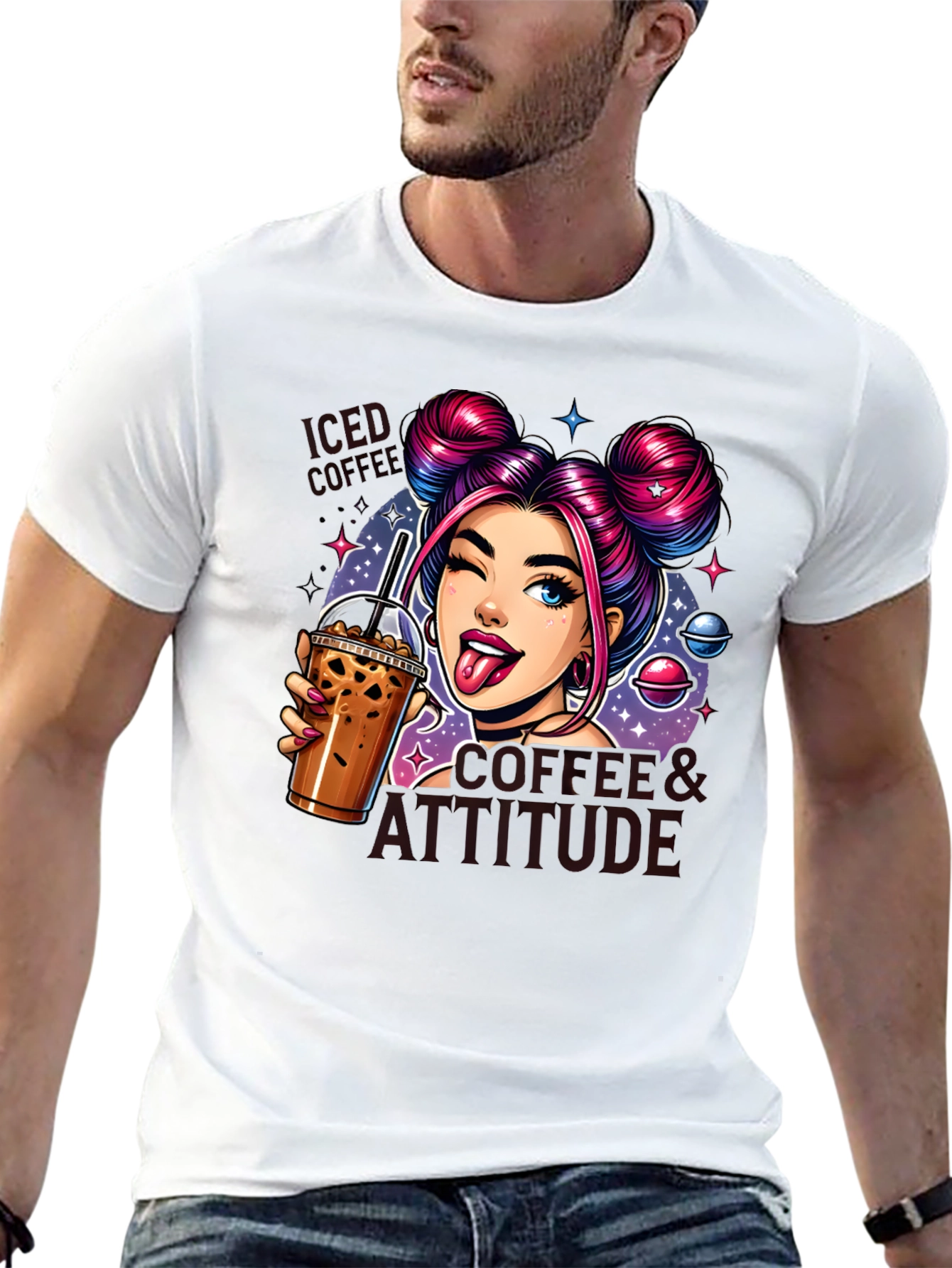 Camiseta Negra con Diseño de Chica y Café Helado