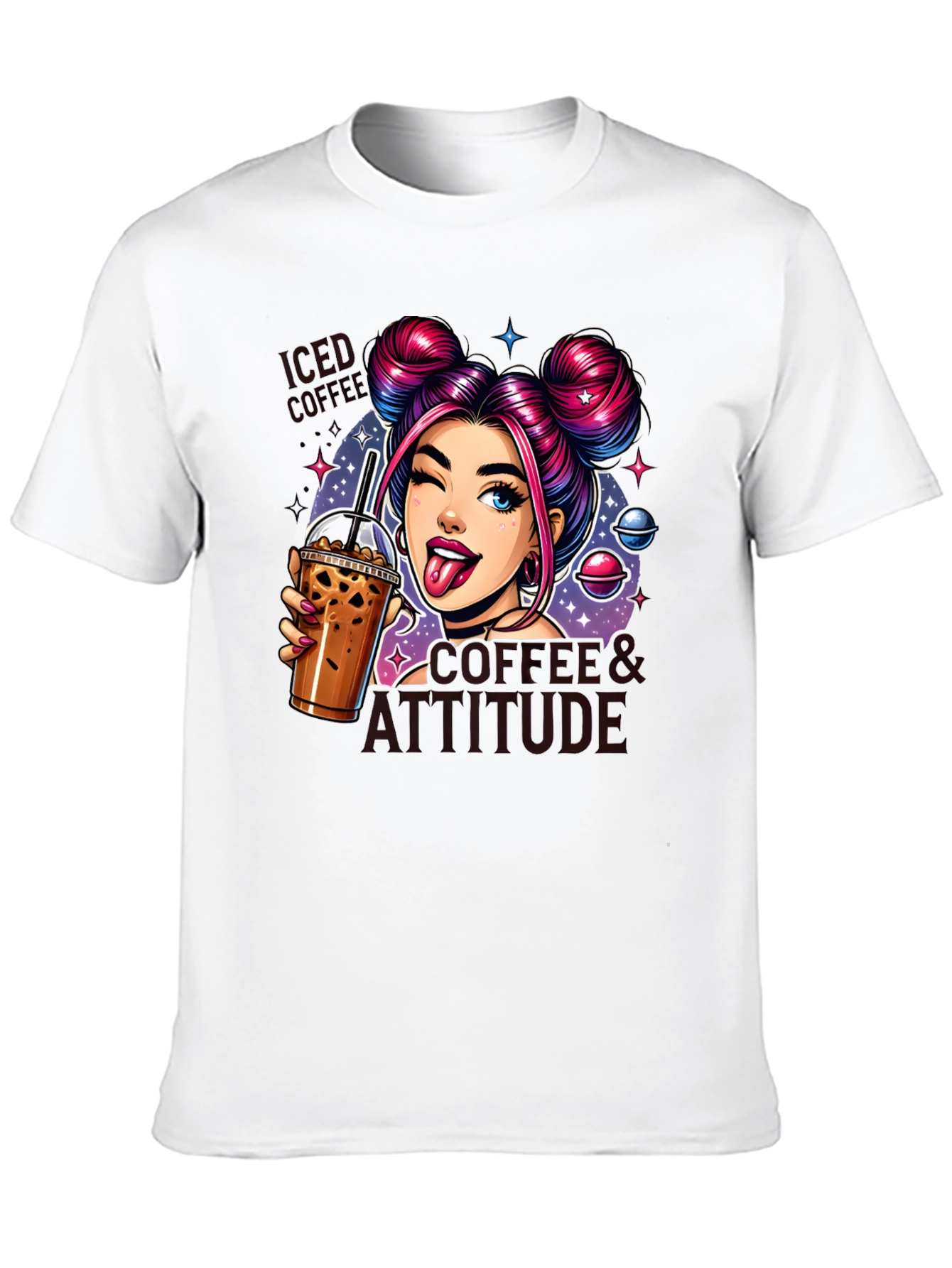 Camiseta Negra con Diseño de Chica y Café Helado