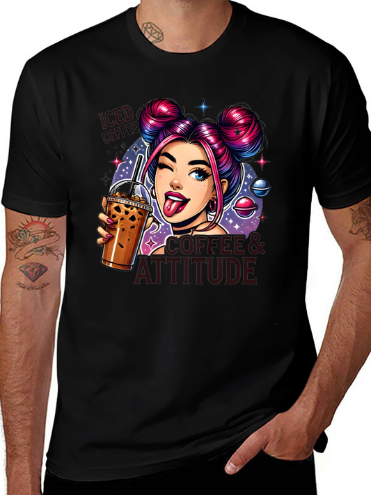 Camiseta Negra con Diseño de Chica y Café Helado