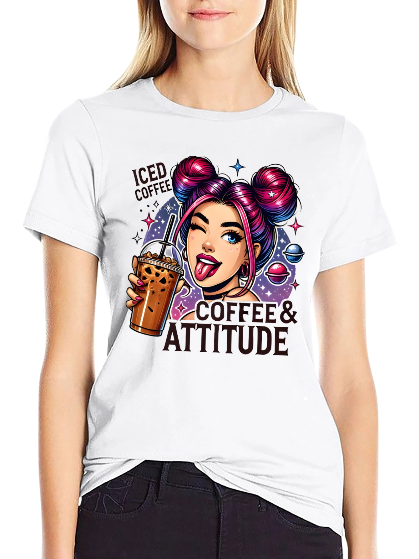 Camiseta Negra con Diseño de Chica y Café Helado