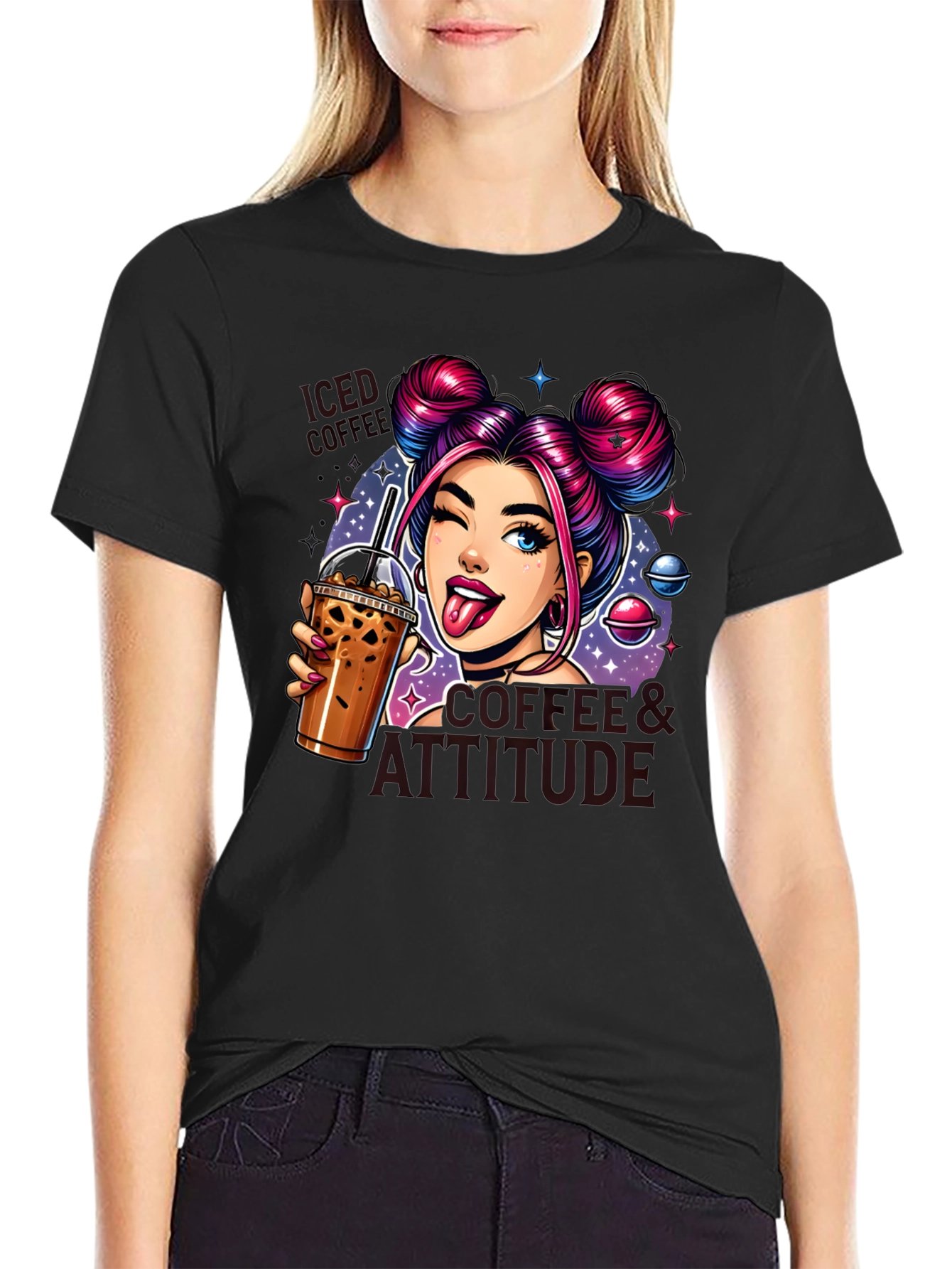 Camiseta Negra con Diseño de Chica y Café Helado