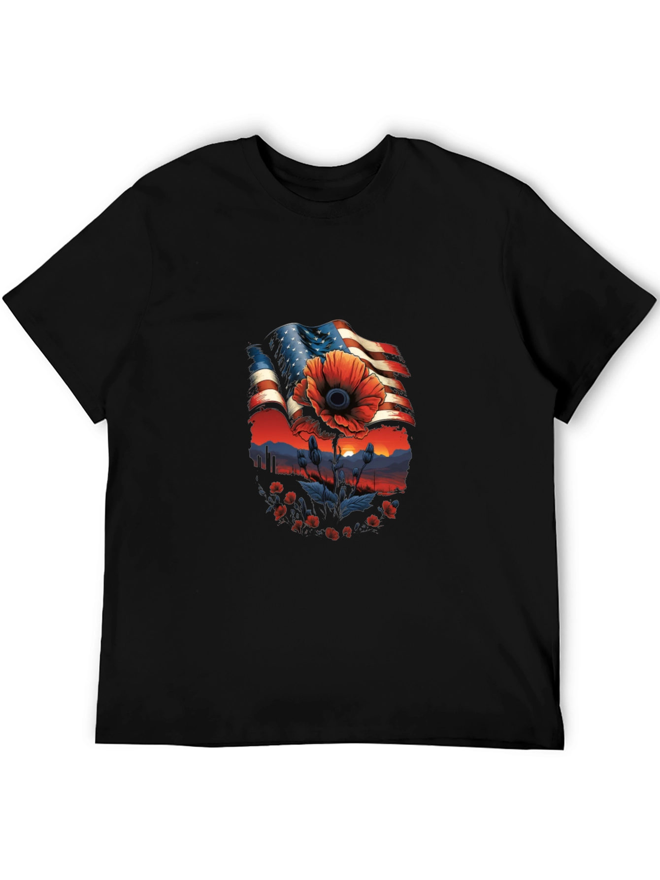 Camiseta Hombre: Bandera Americana con Amapola