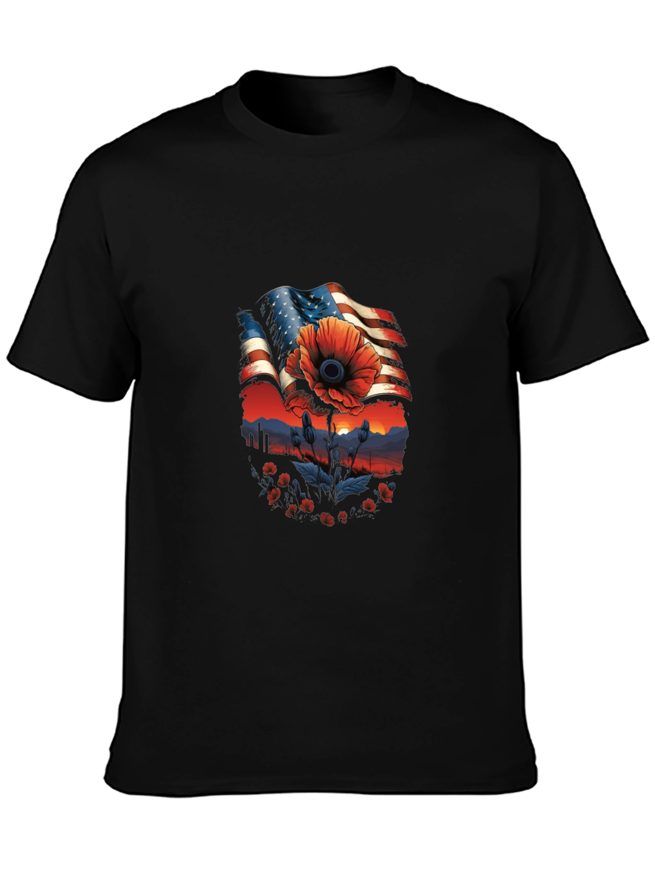 Camiseta Hombre: Bandera Americana con Amapola