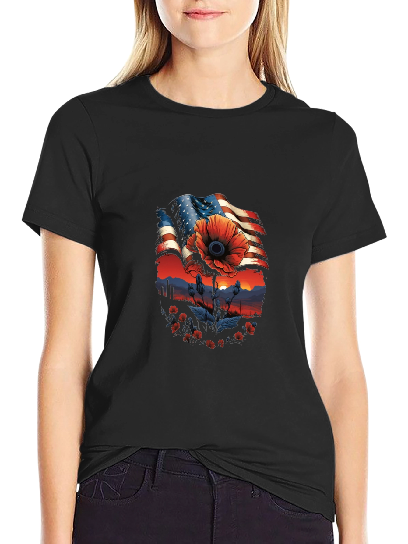Camiseta Hombre: Bandera Americana con Amapola