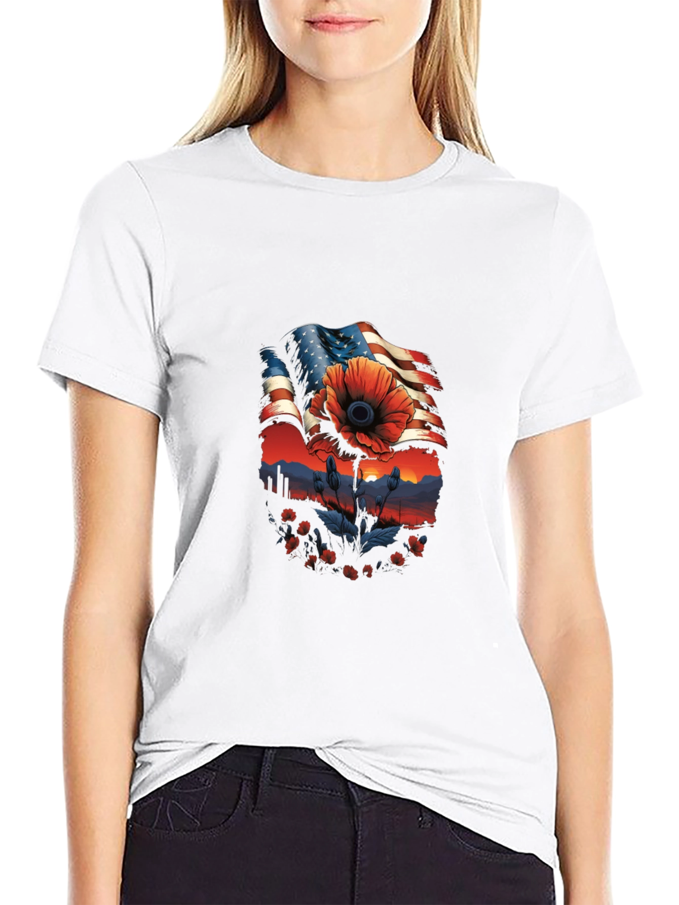 Camiseta Hombre: Bandera Americana con Amapola