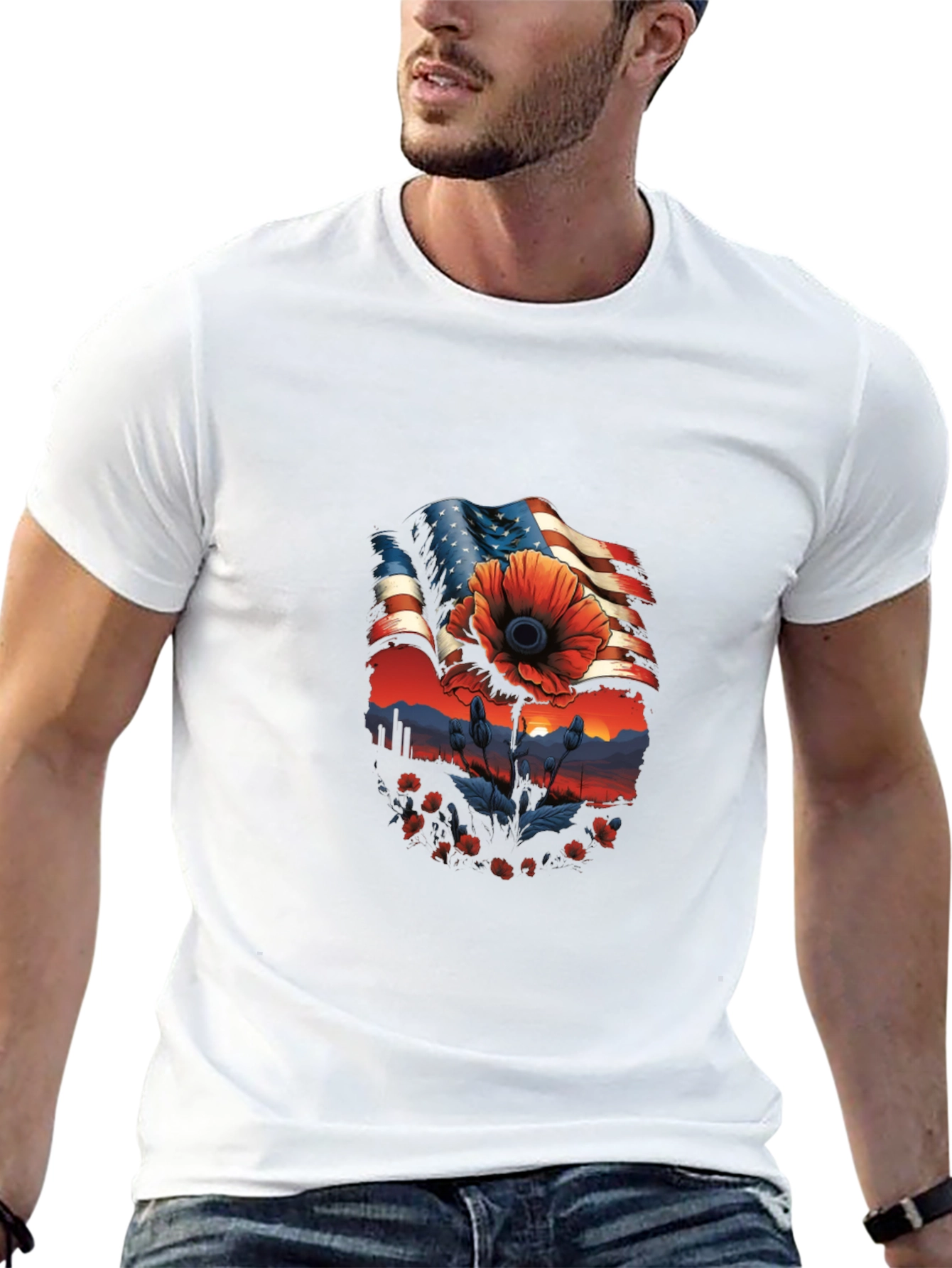 Camiseta Hombre: Bandera Americana con Amapola