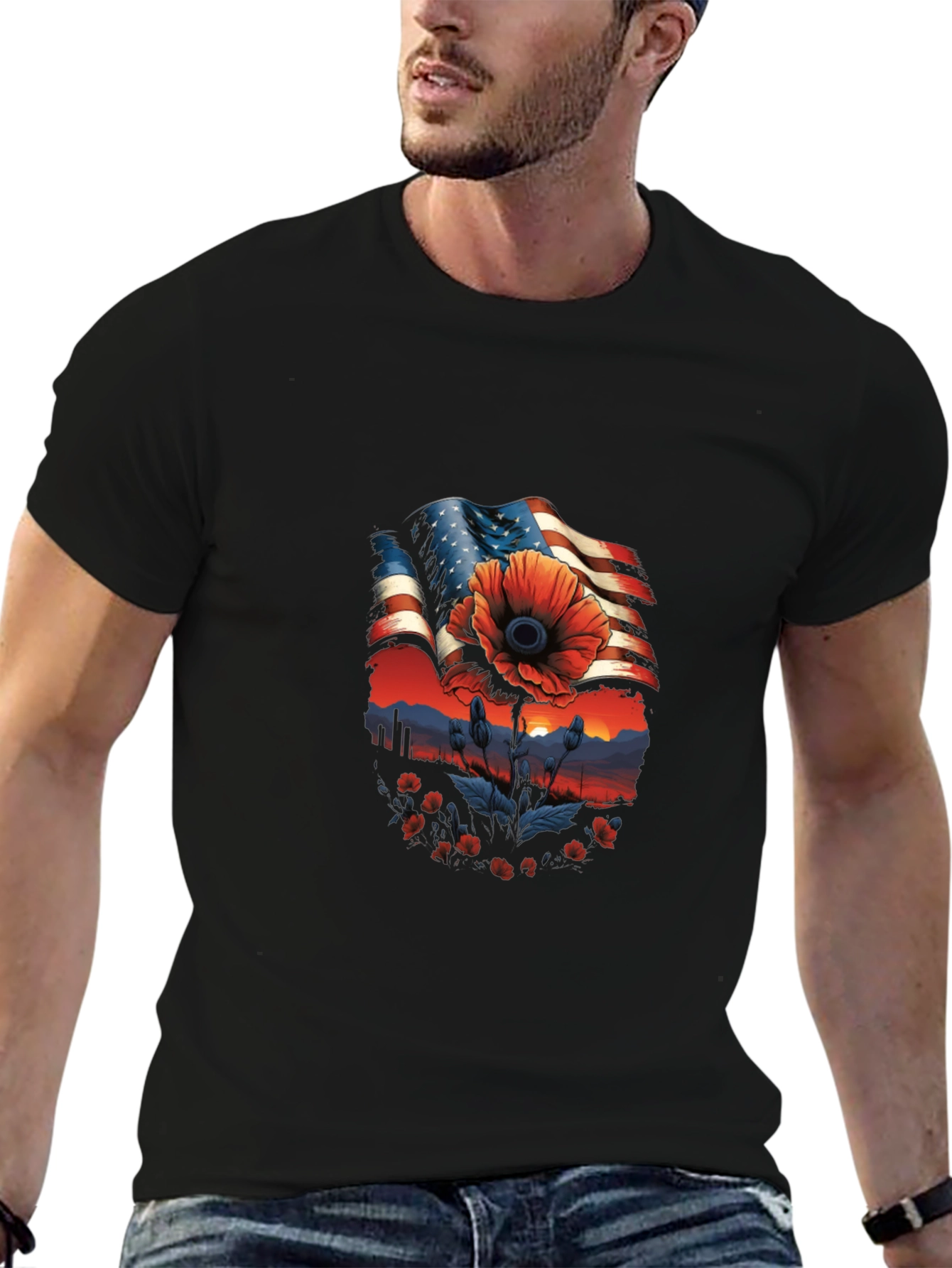 Camiseta Hombre: Bandera Americana con Amapola