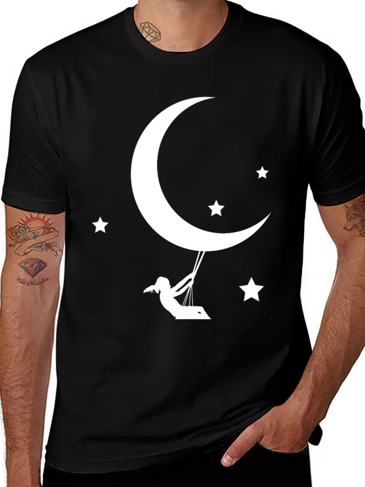 Camiseta Negra con Diseño de Luna y Niña en Columpio