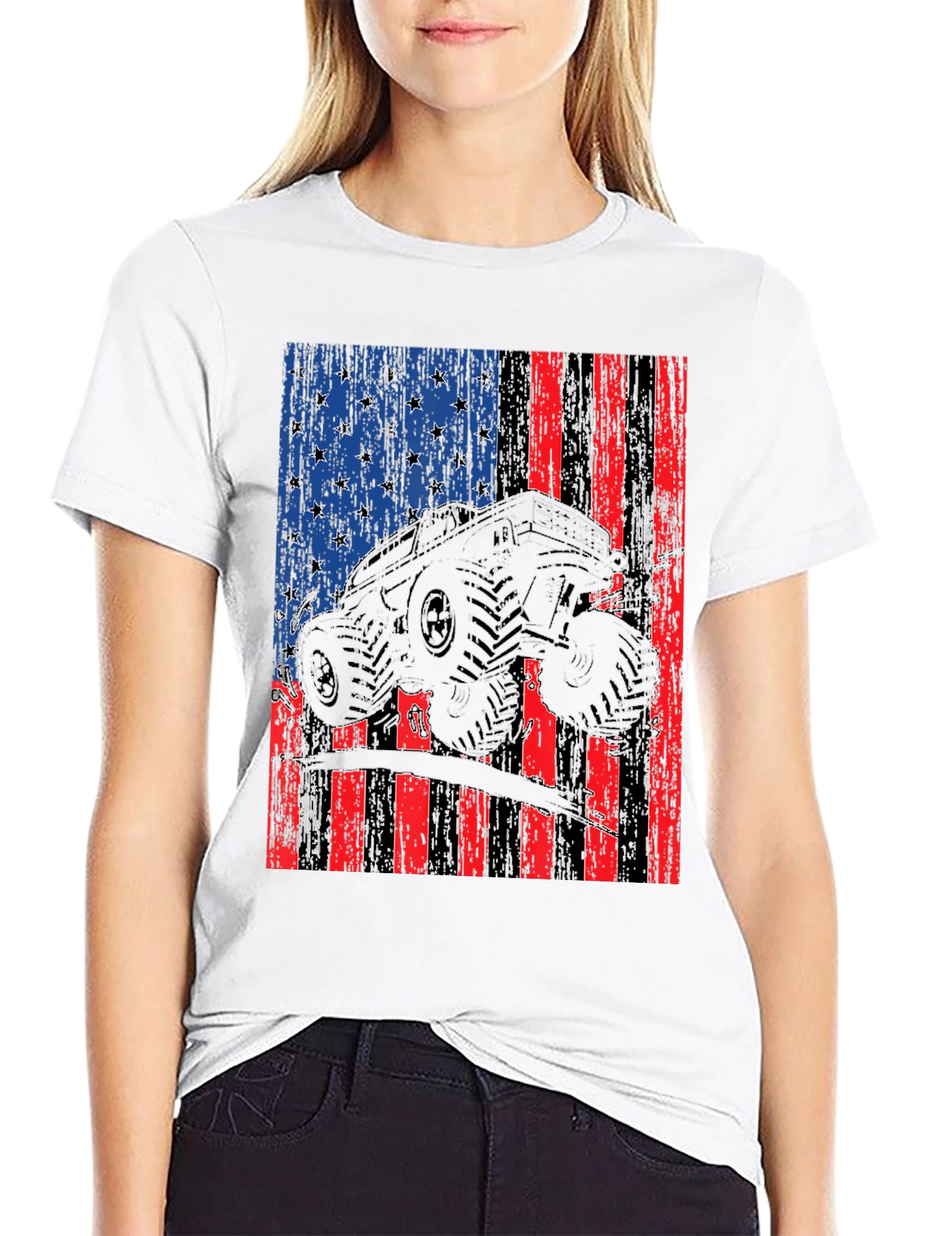 Camiseta Negra con Diseño de Bandera Americana y Camioneta