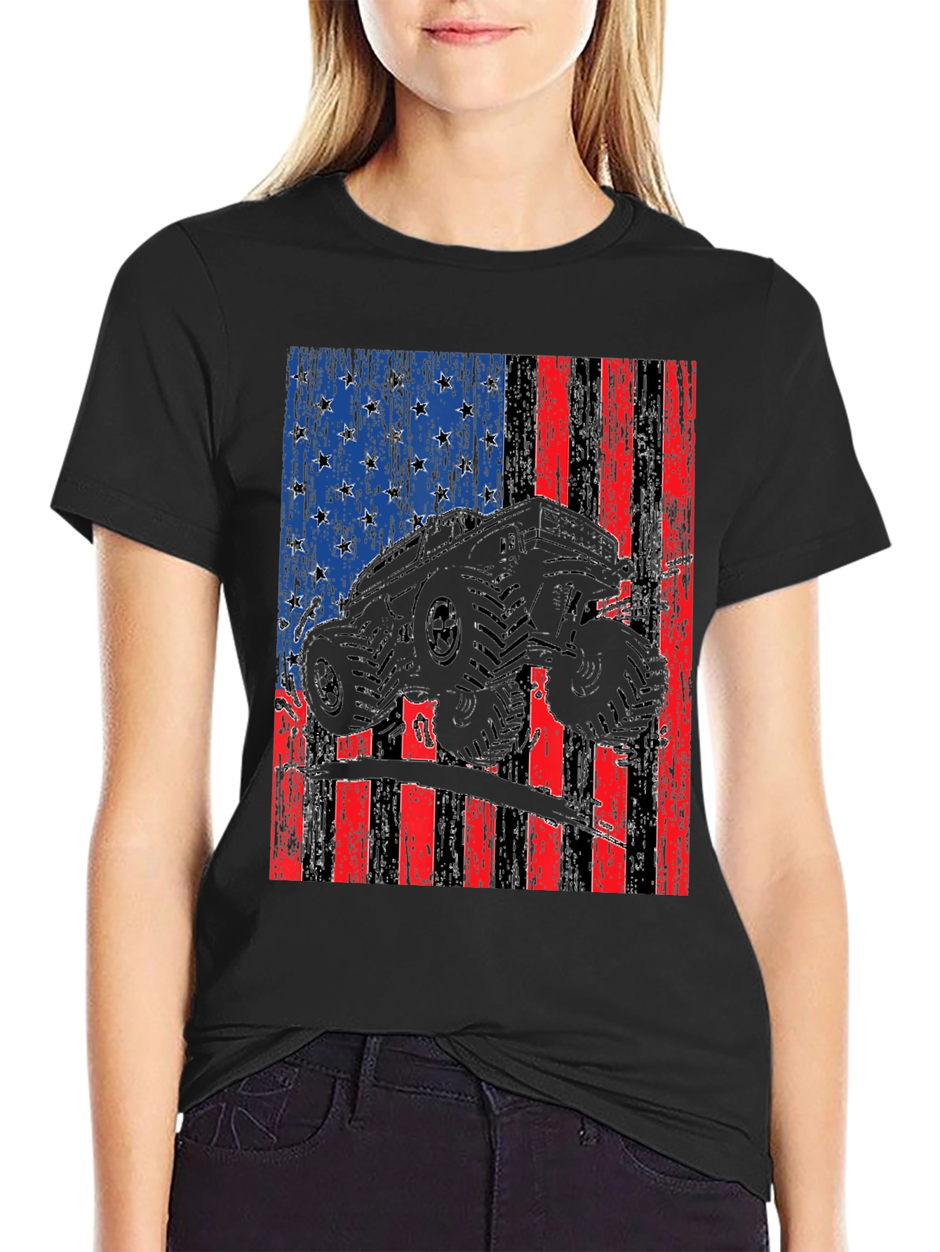 Camiseta Negra con Diseño de Bandera Americana y Camioneta