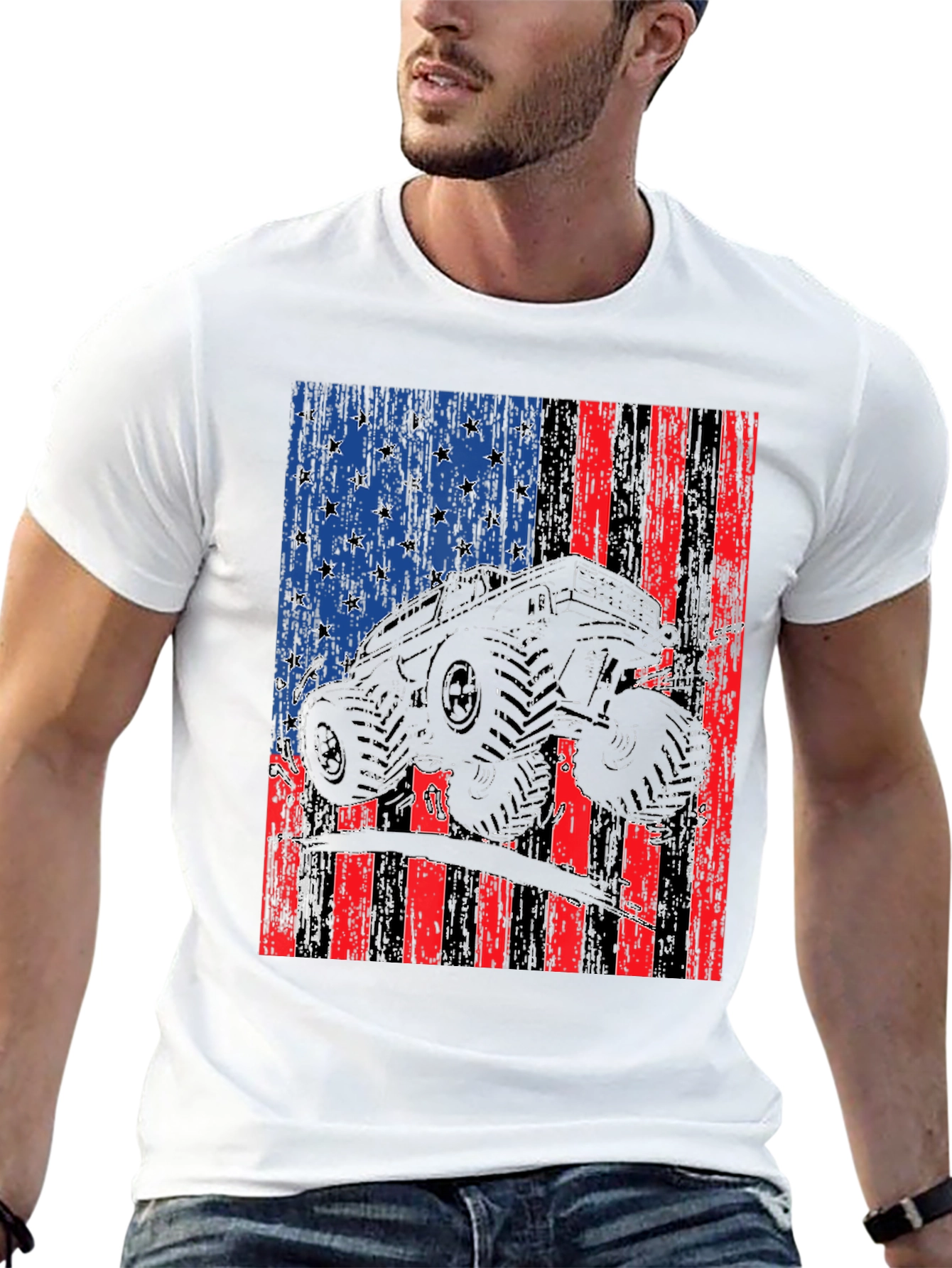 Camiseta Negra con Diseño de Bandera Americana y Camioneta