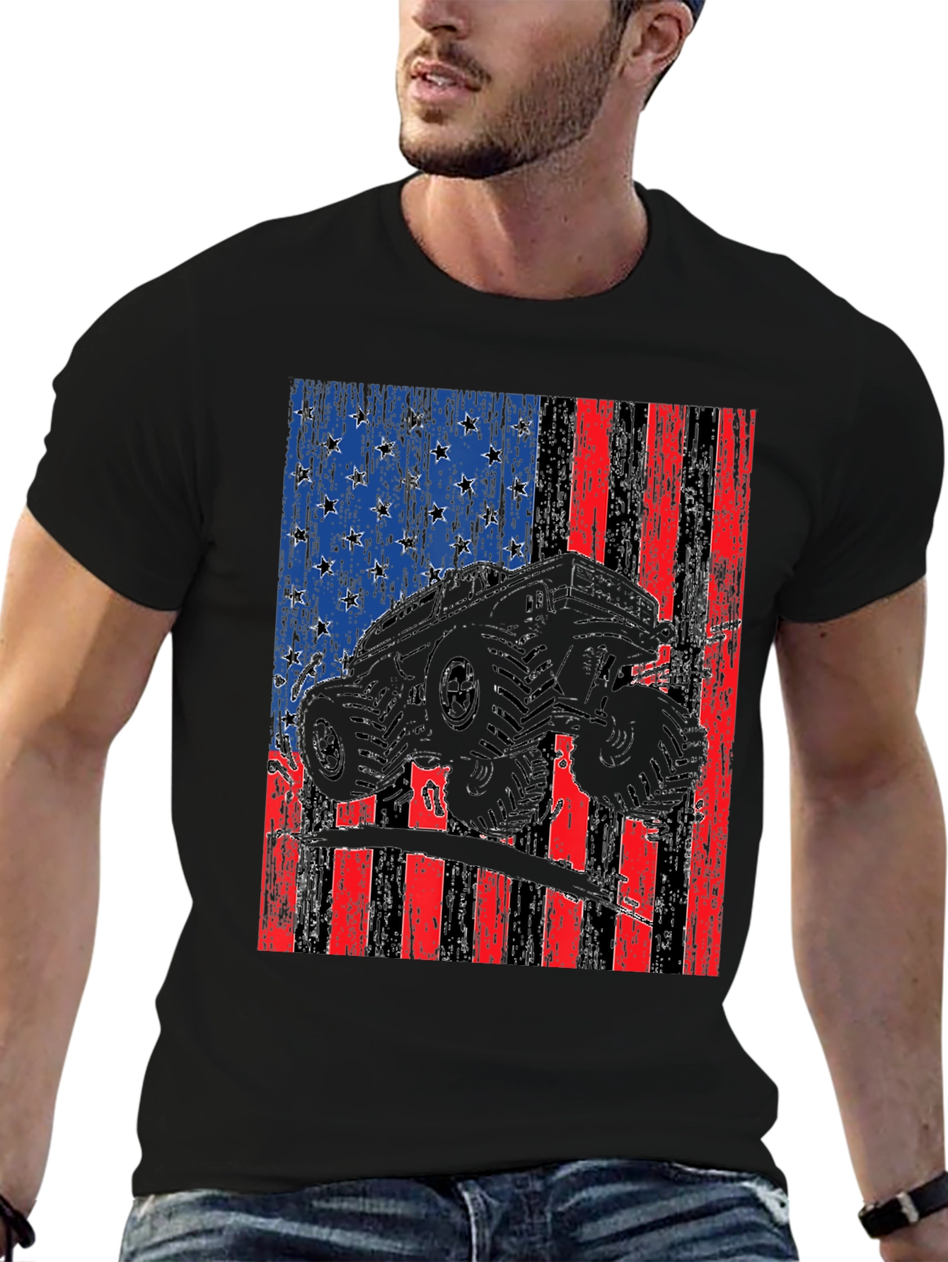 Camiseta Negra con Diseño de Bandera Americana y Camioneta