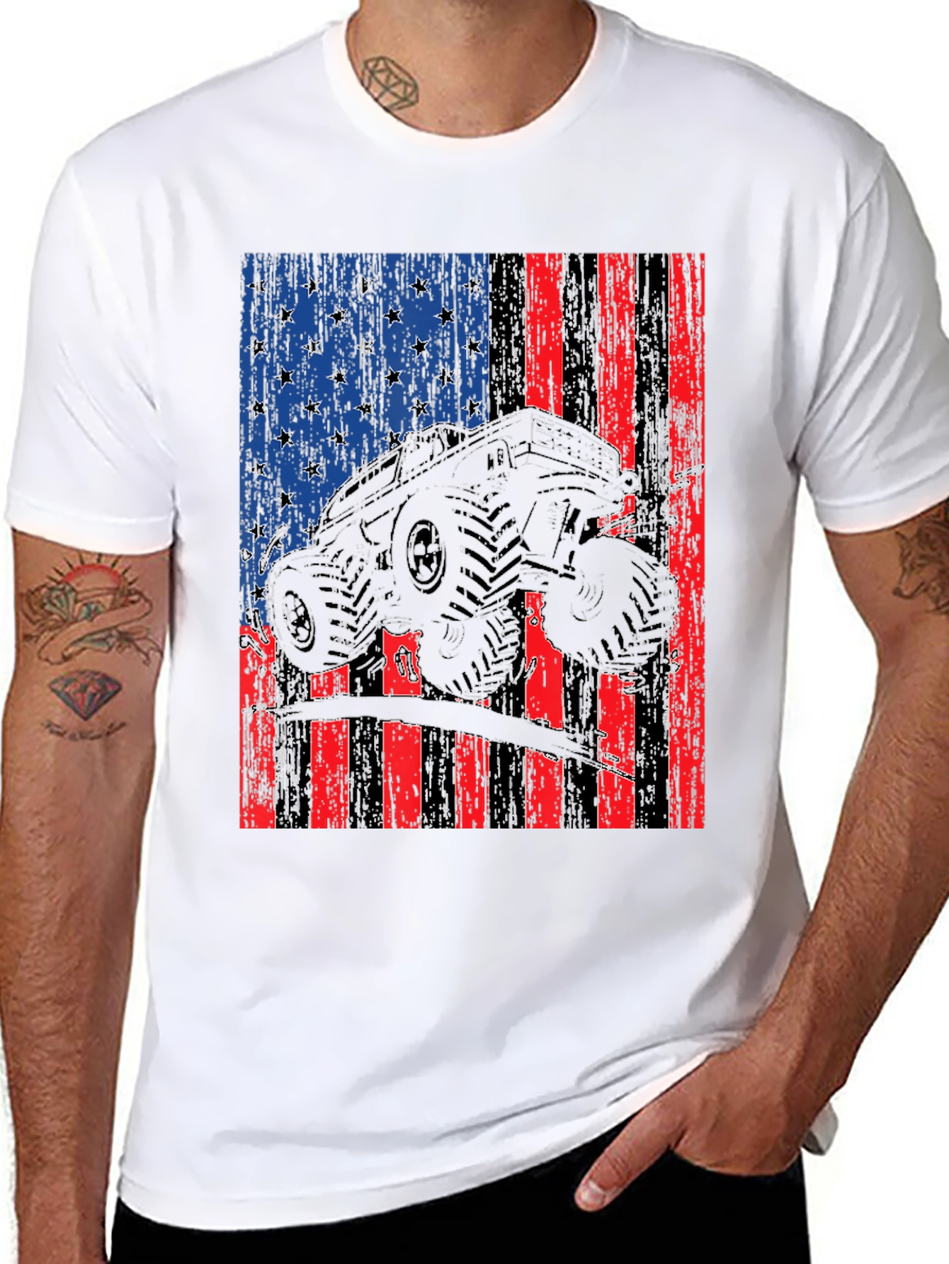 Camiseta Negra con Diseño de Bandera Americana y Camioneta