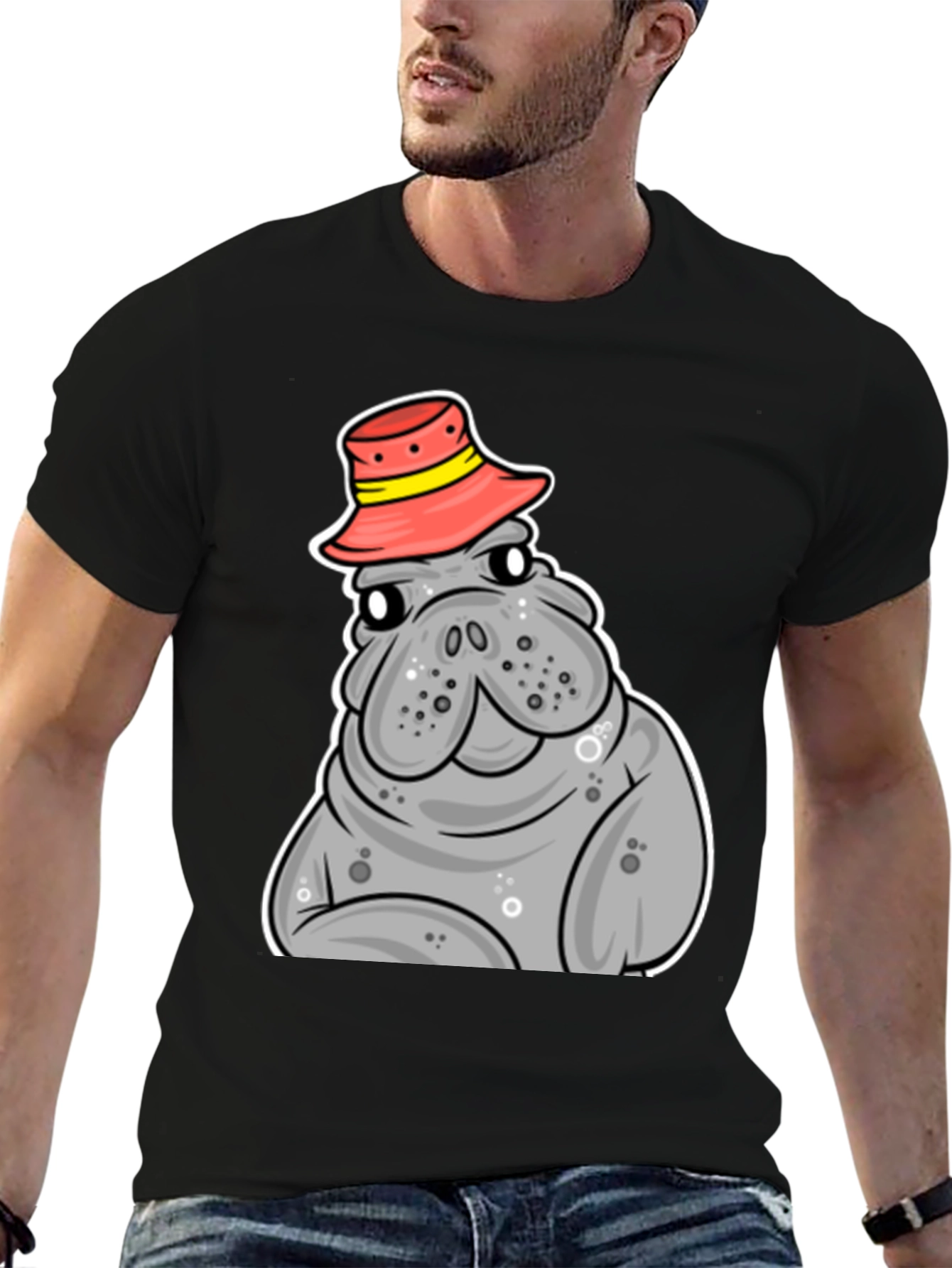 Camiseta Negra con Manatí con Sombrero