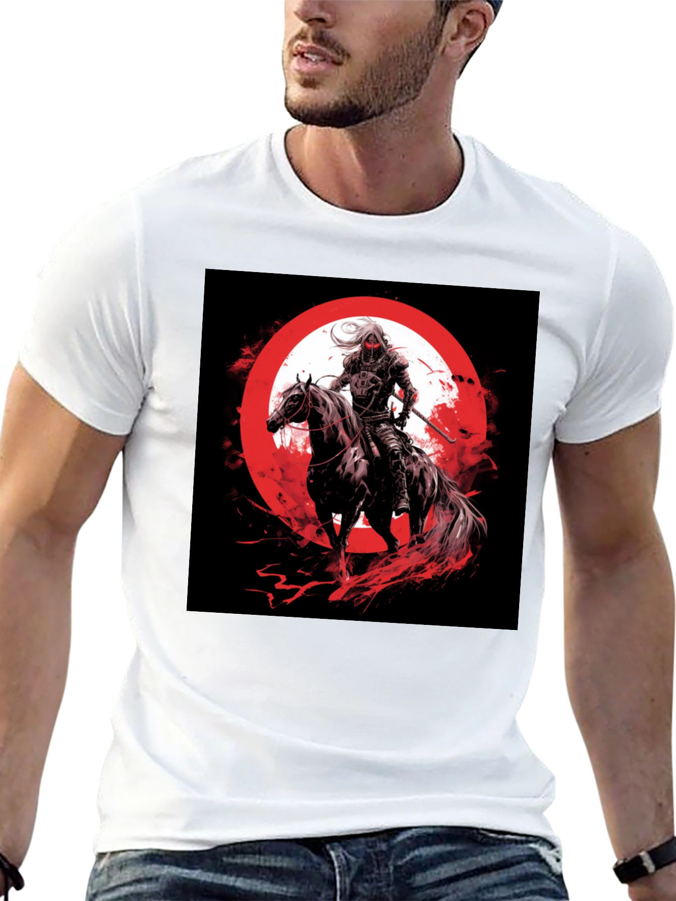 Camiseta Negra Gráfico Jinete y Luna Roja