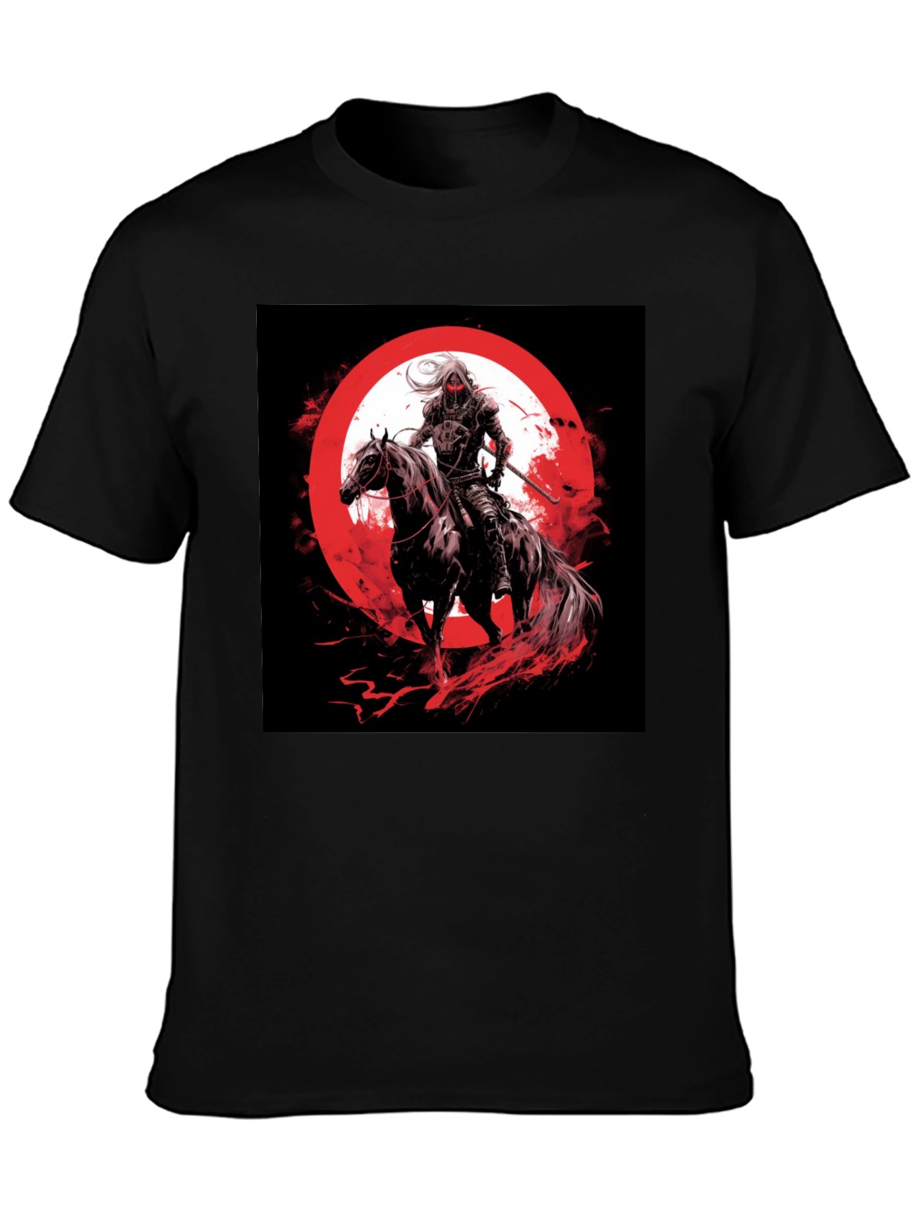 Camiseta Negra Gráfico Jinete y Luna Roja