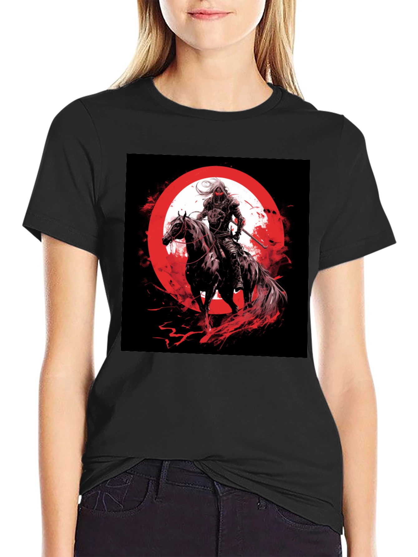 Camiseta Negra Gráfico Jinete y Luna Roja