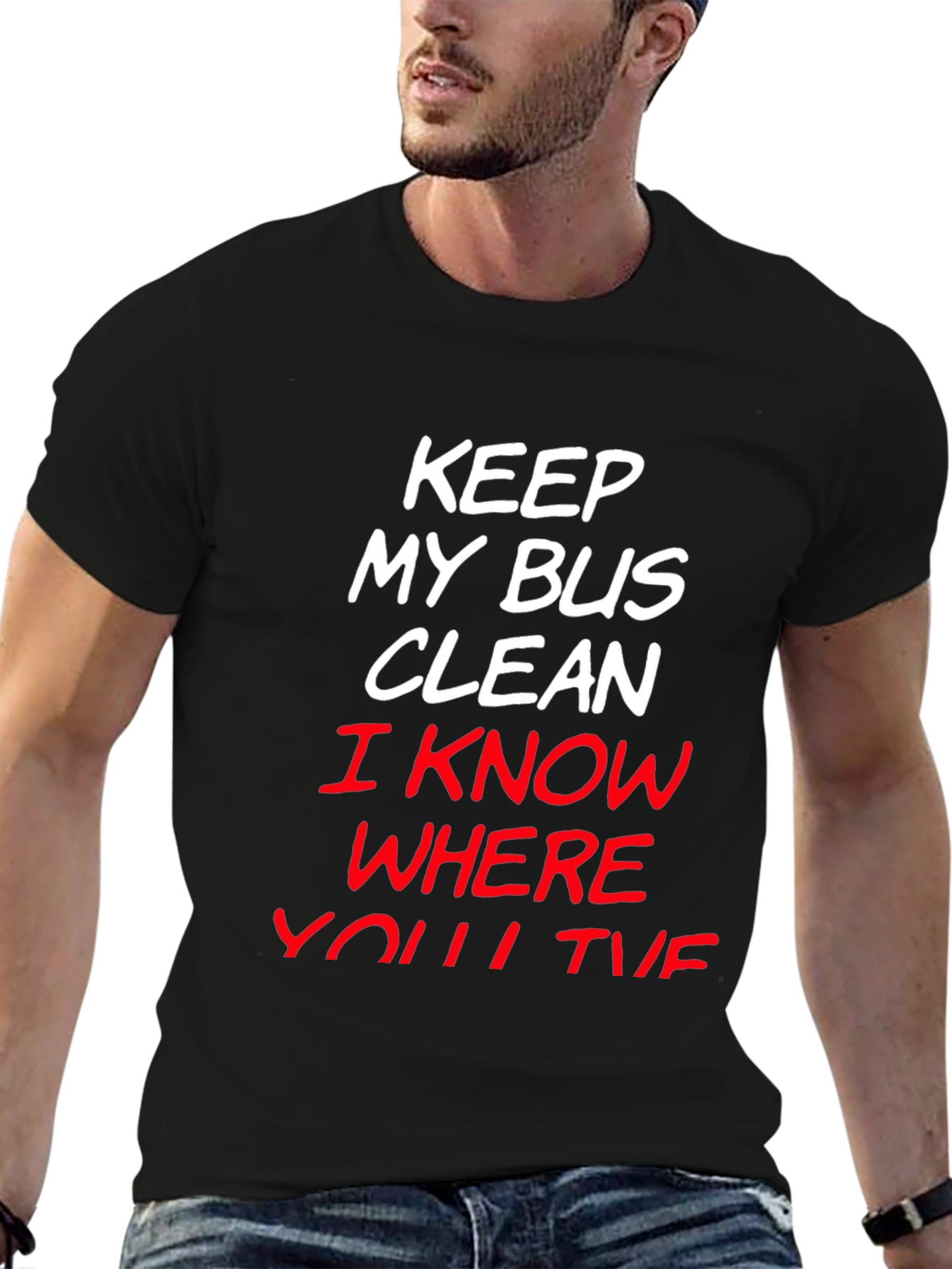 Camiseta Negra con Mensaje Mantén Mi Bus Limpio