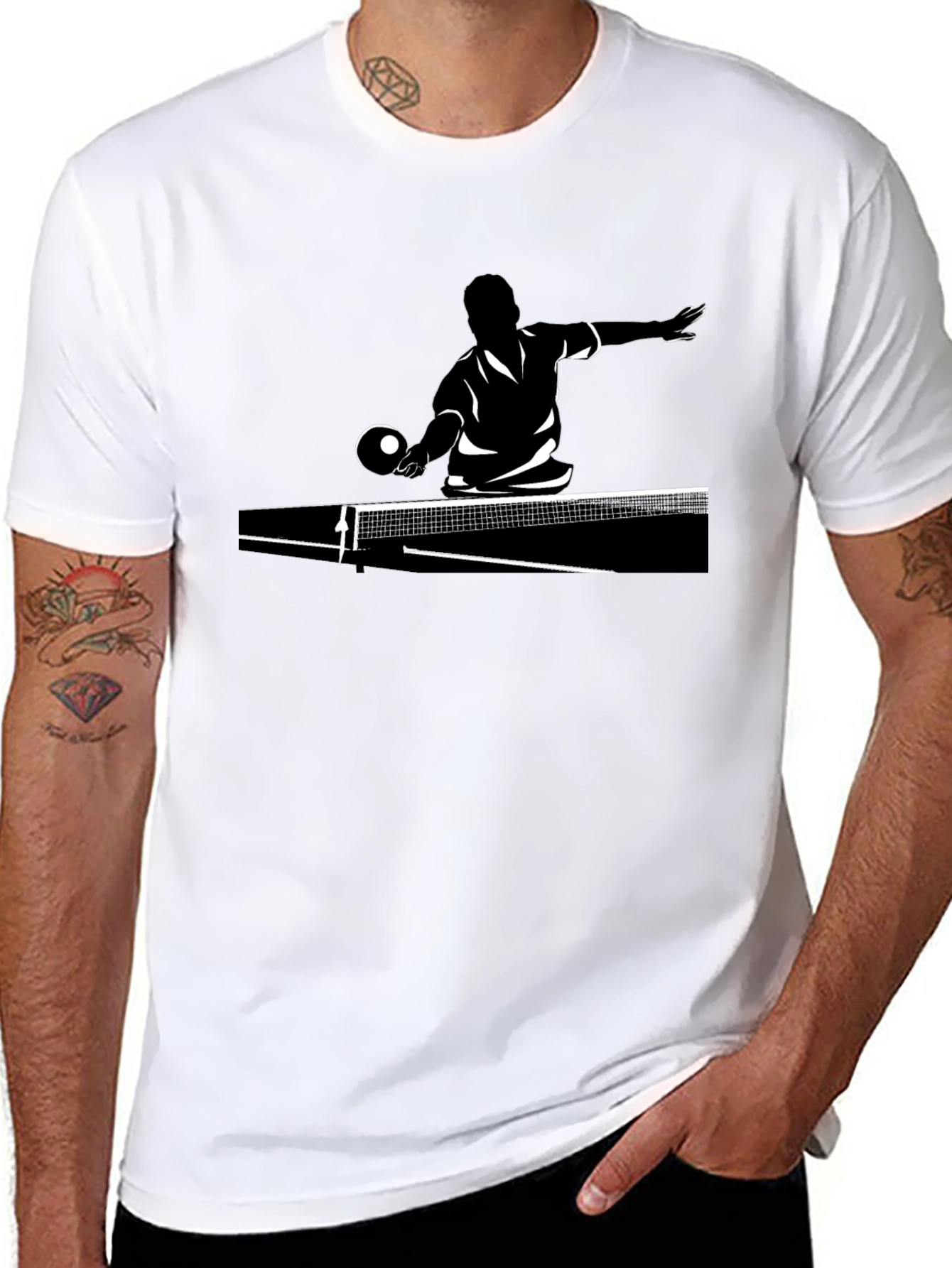 Camiseta Negra con Diseño de Tenis de Mesa