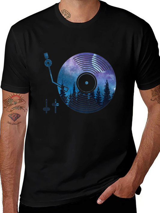 Camiseta Negra con Diseño de Vinilo y Paisaje Nocturno