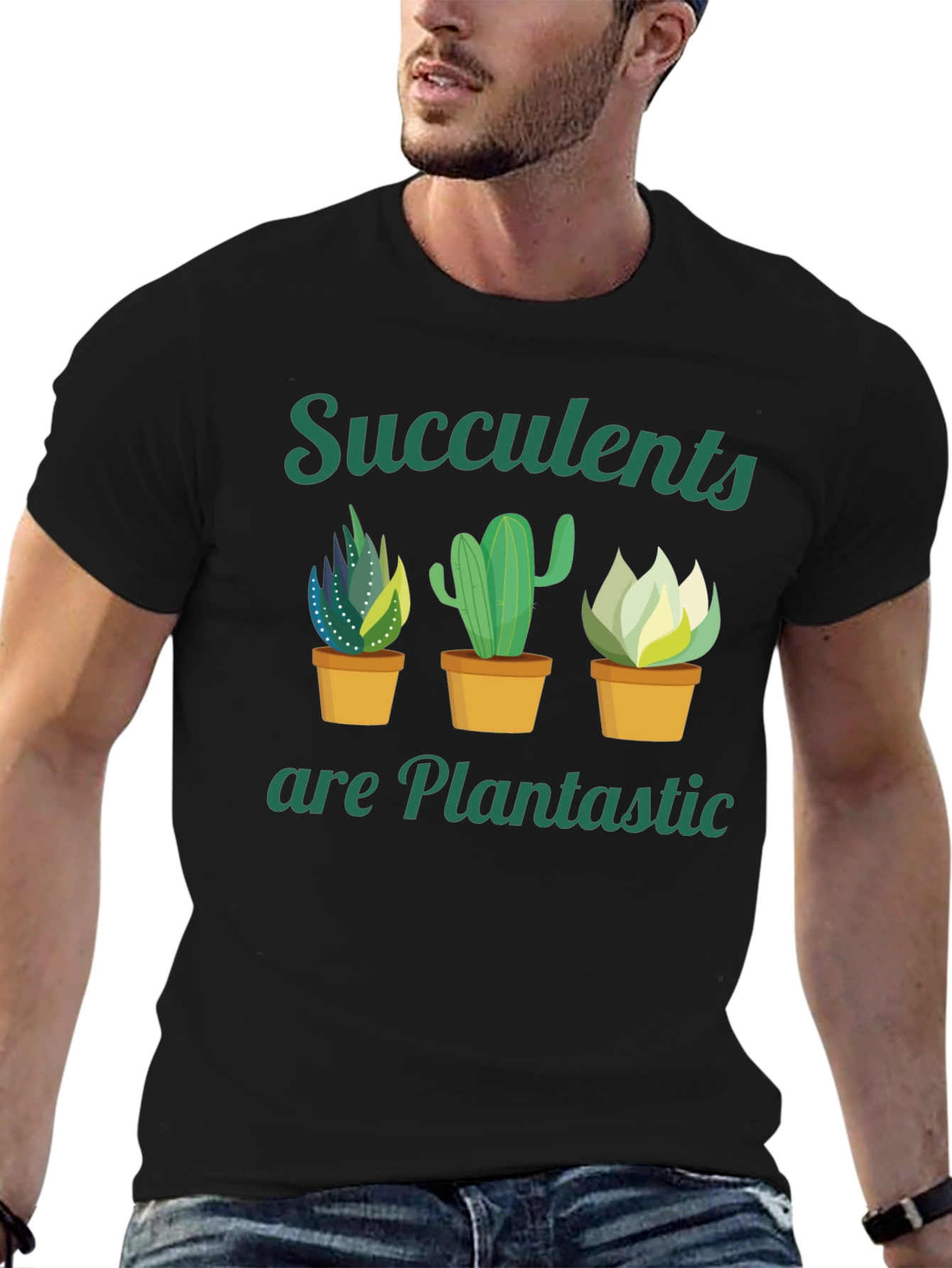 Camiseta Negra con Diseño de Suculentas